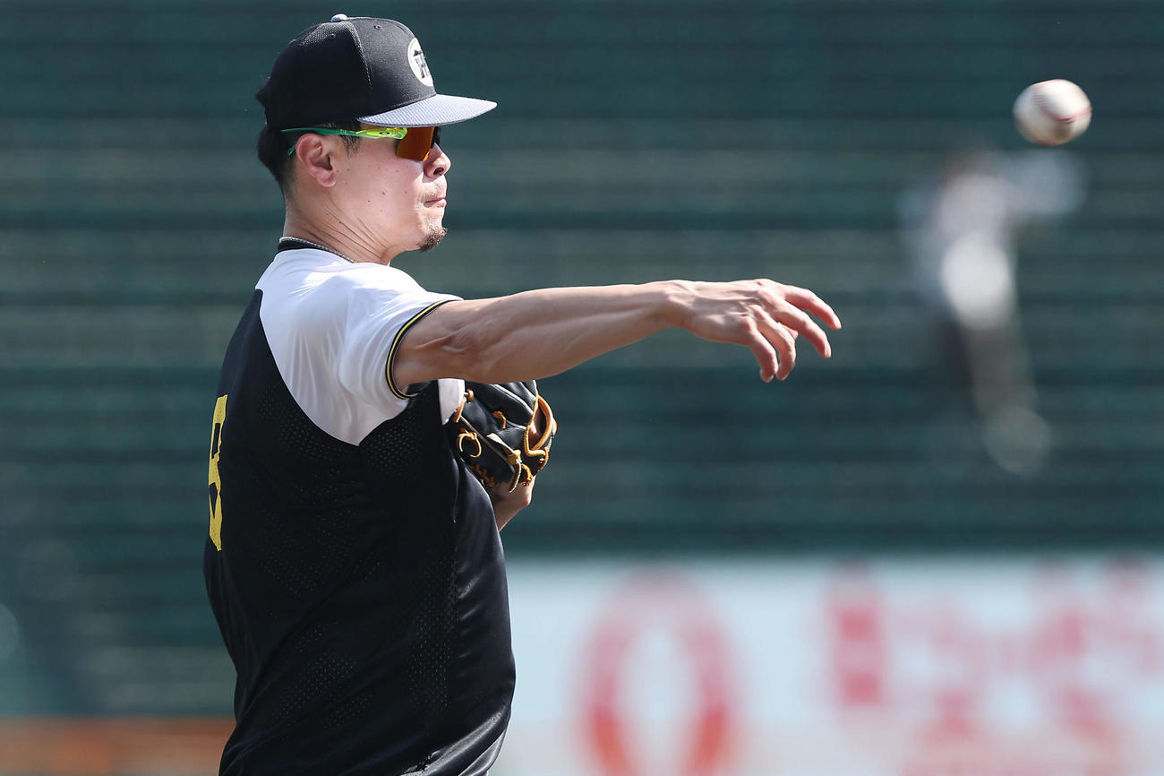 阪神対DeNA　試合前練習でノックを受ける阪神佐藤輝（撮影・前田充）