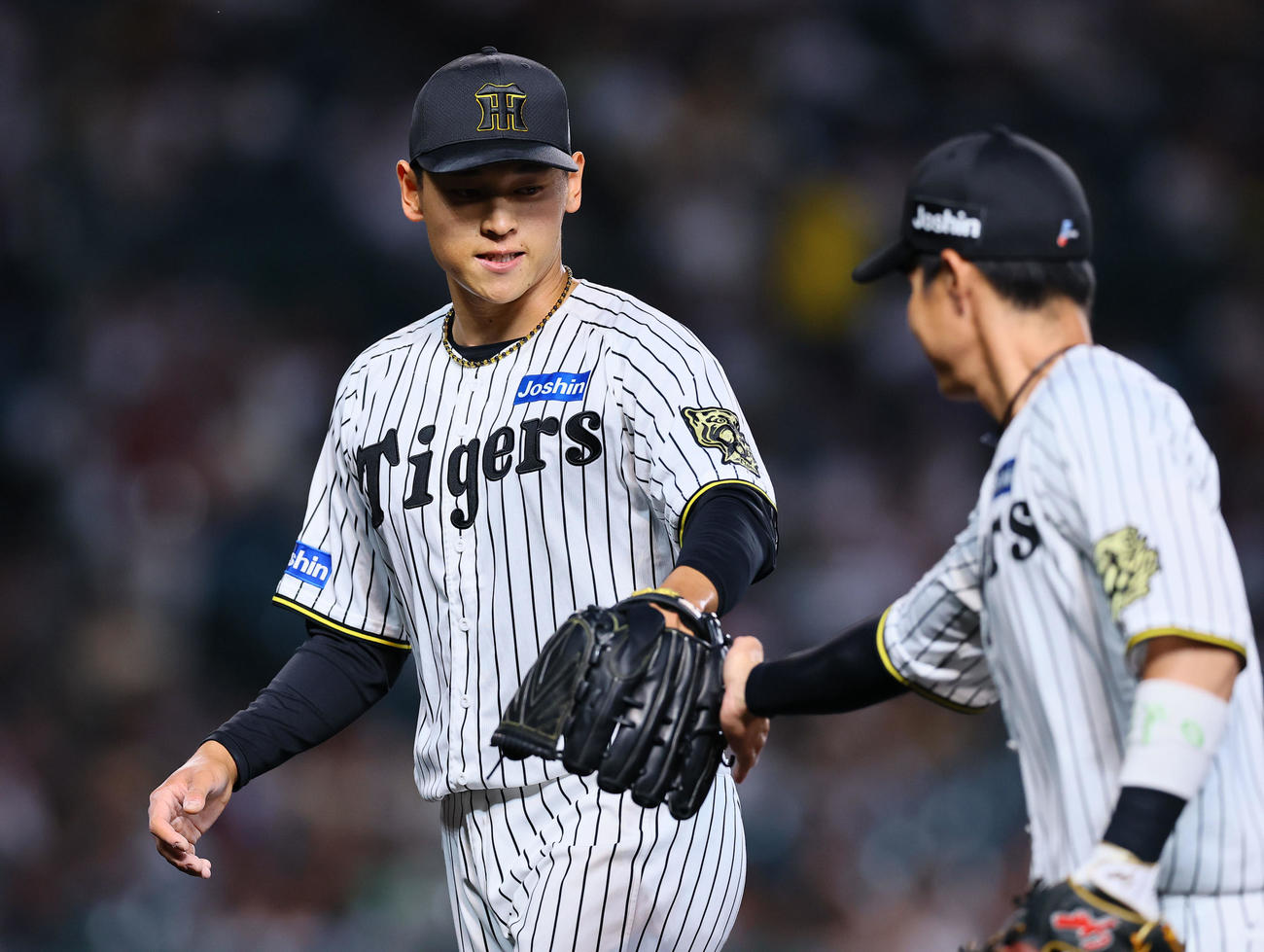 阪神対DeNA 1回表DeNA1死一、三塁、ビシエドを遊ゴロ併殺に打ち取り、木浪（右）とタッチを交わす早川（撮影・藤尾明華）