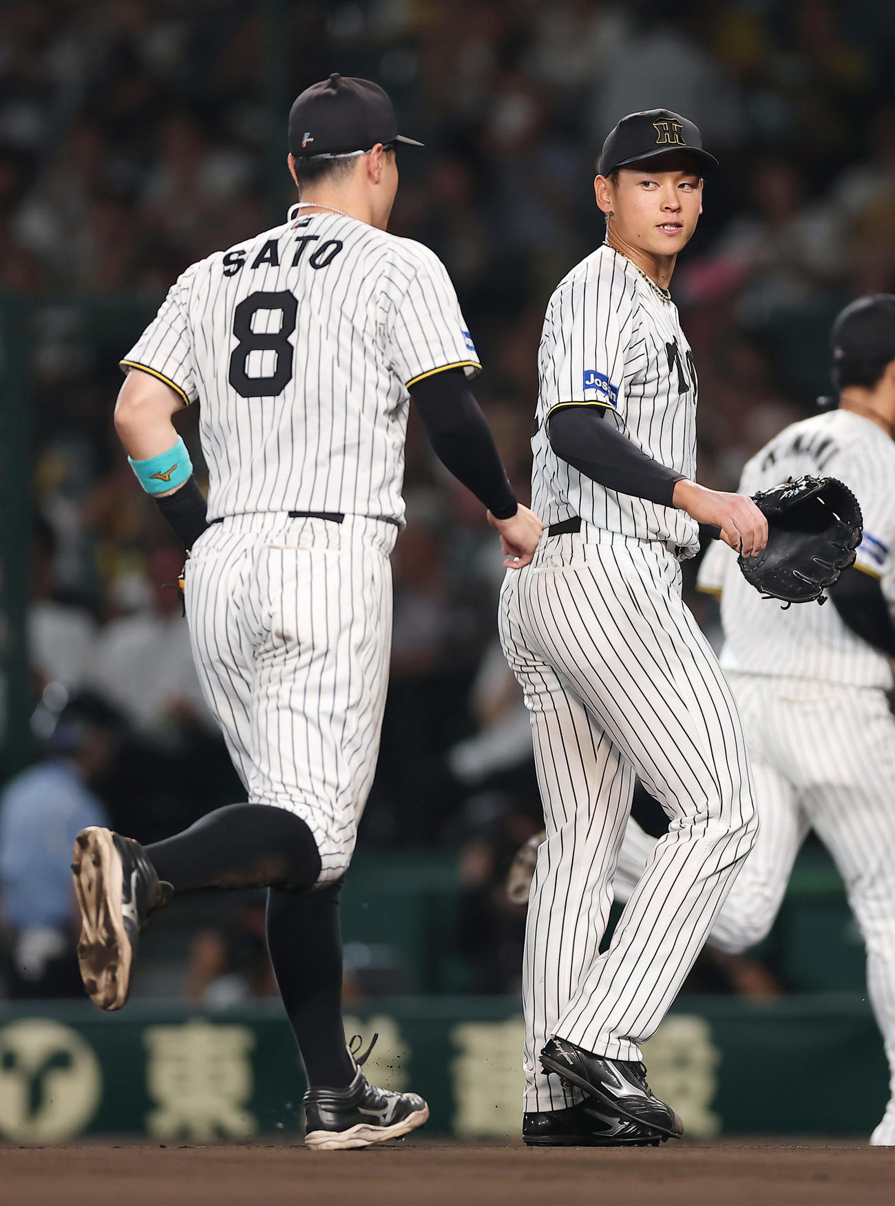 阪神対DeNA 6回表DeNA2死三塁、ビシエドを三ゴロに打ち取り、佐藤輝（左）を迎えながらベンチへ戻る早川（撮影・前田充）