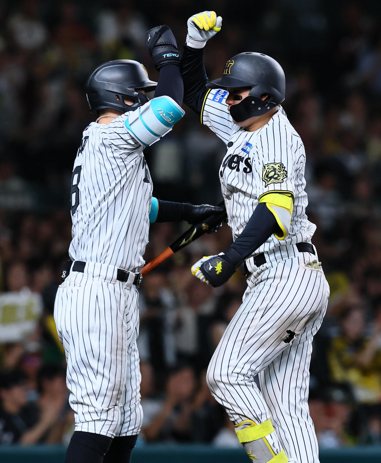 阪神対DeNA 5回裏阪神2死、森下は左中間に本塁打を放ち佐藤輝（左）とタッチを交わす（撮影・藤尾明華）