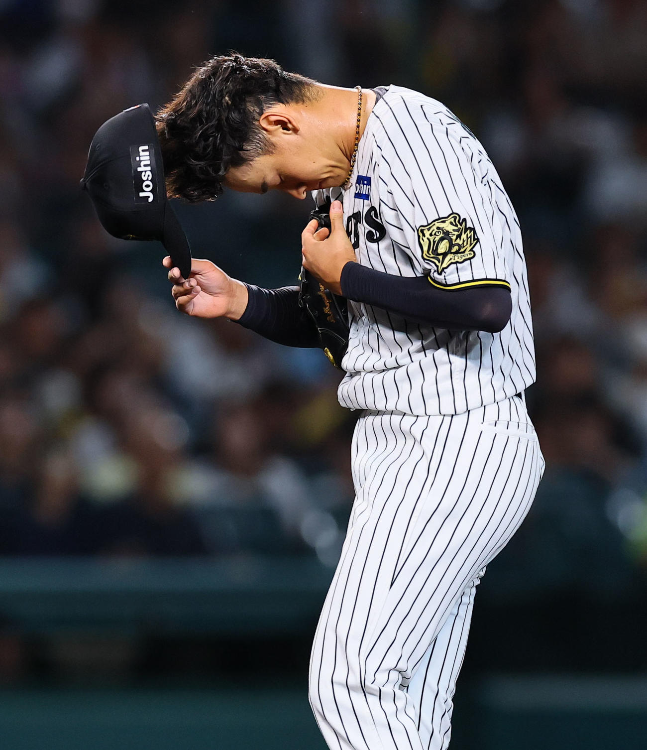 阪神対DeNA 6回表DeNA無死一塁、桑原に死球を与え、帽子を取る早川（撮影・藤尾明華）