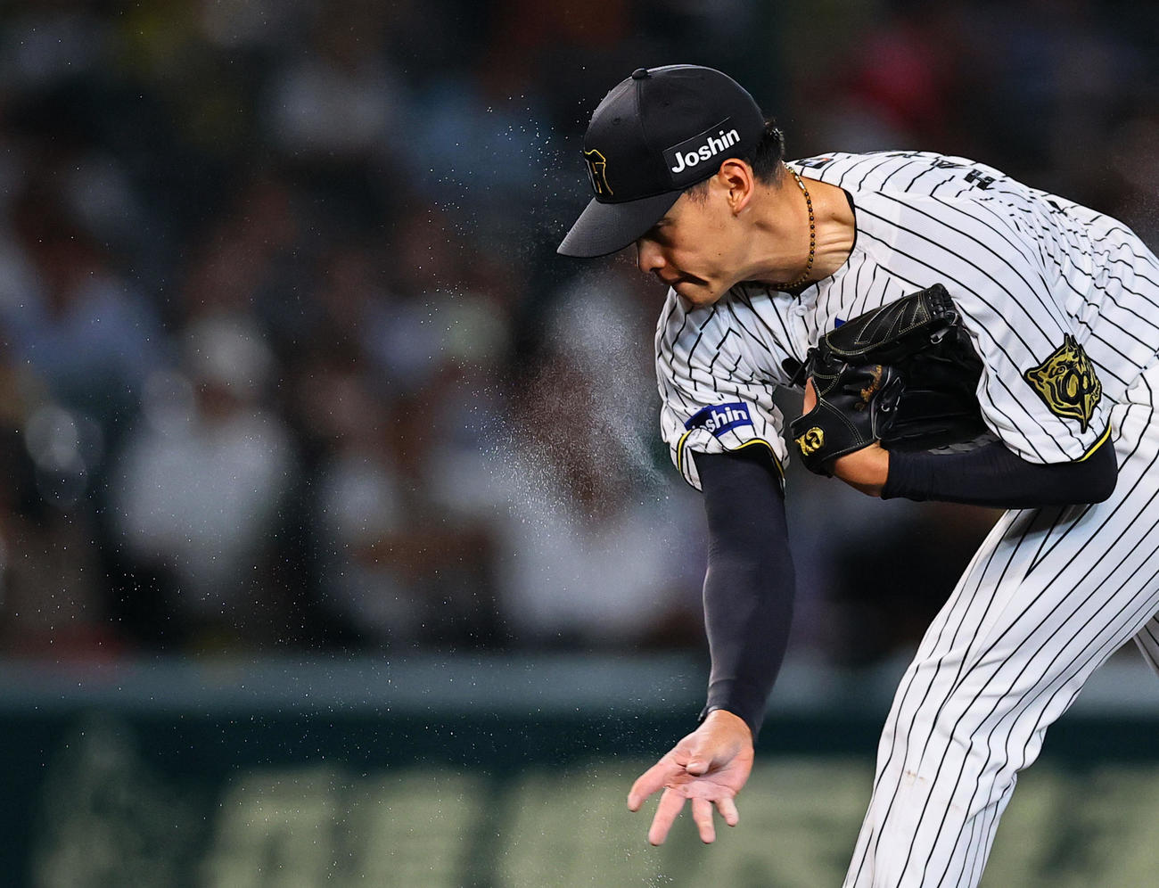 阪神対DeNA 4回、汗を飛ばし力投する阪神早川（撮影・藤尾明華）