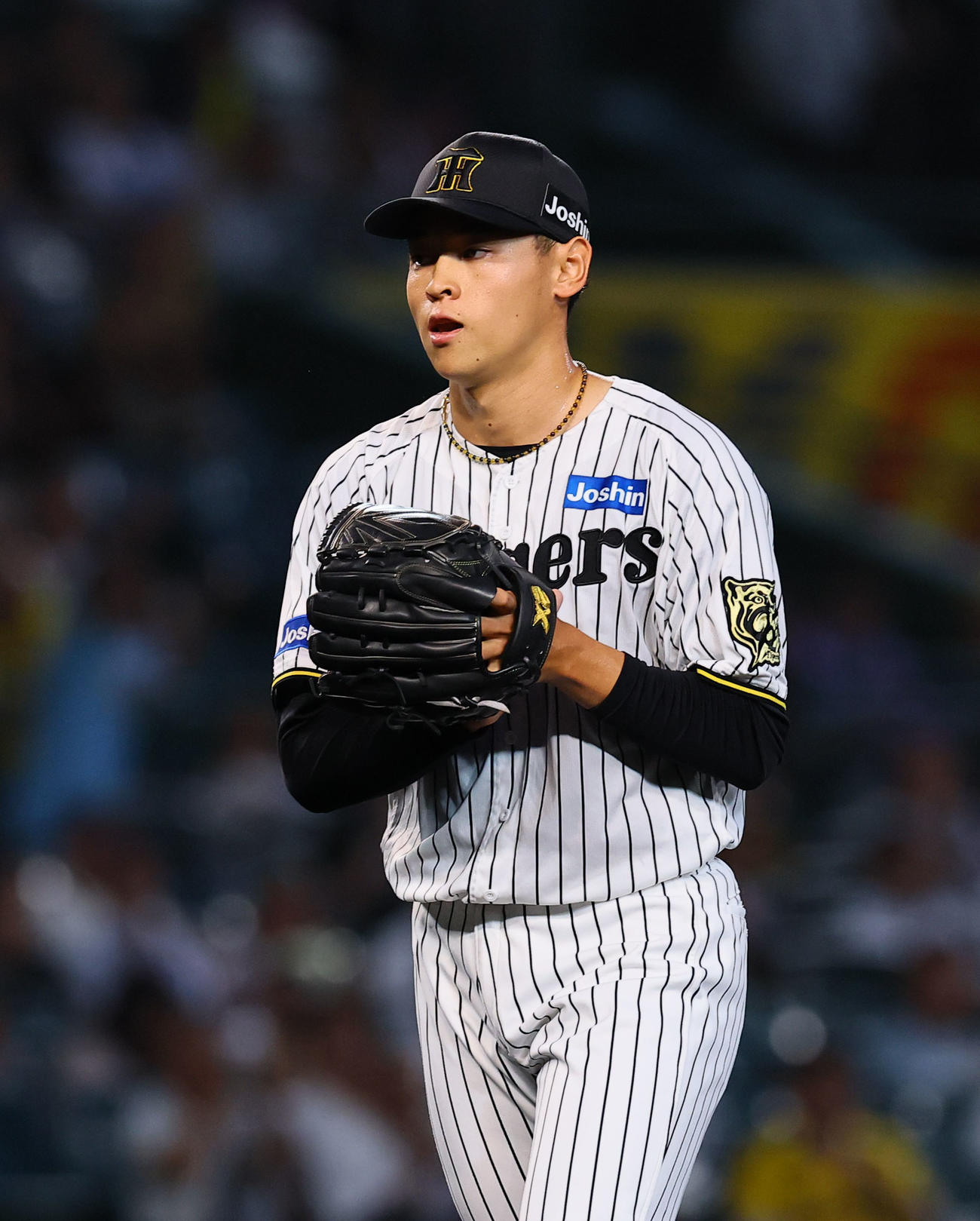 阪神対DeNA 1回表DeNA1死一、三塁、ビシエドを遊ゴロ併殺に打ち取り、グラブをたたく早川（撮影・藤尾明華）