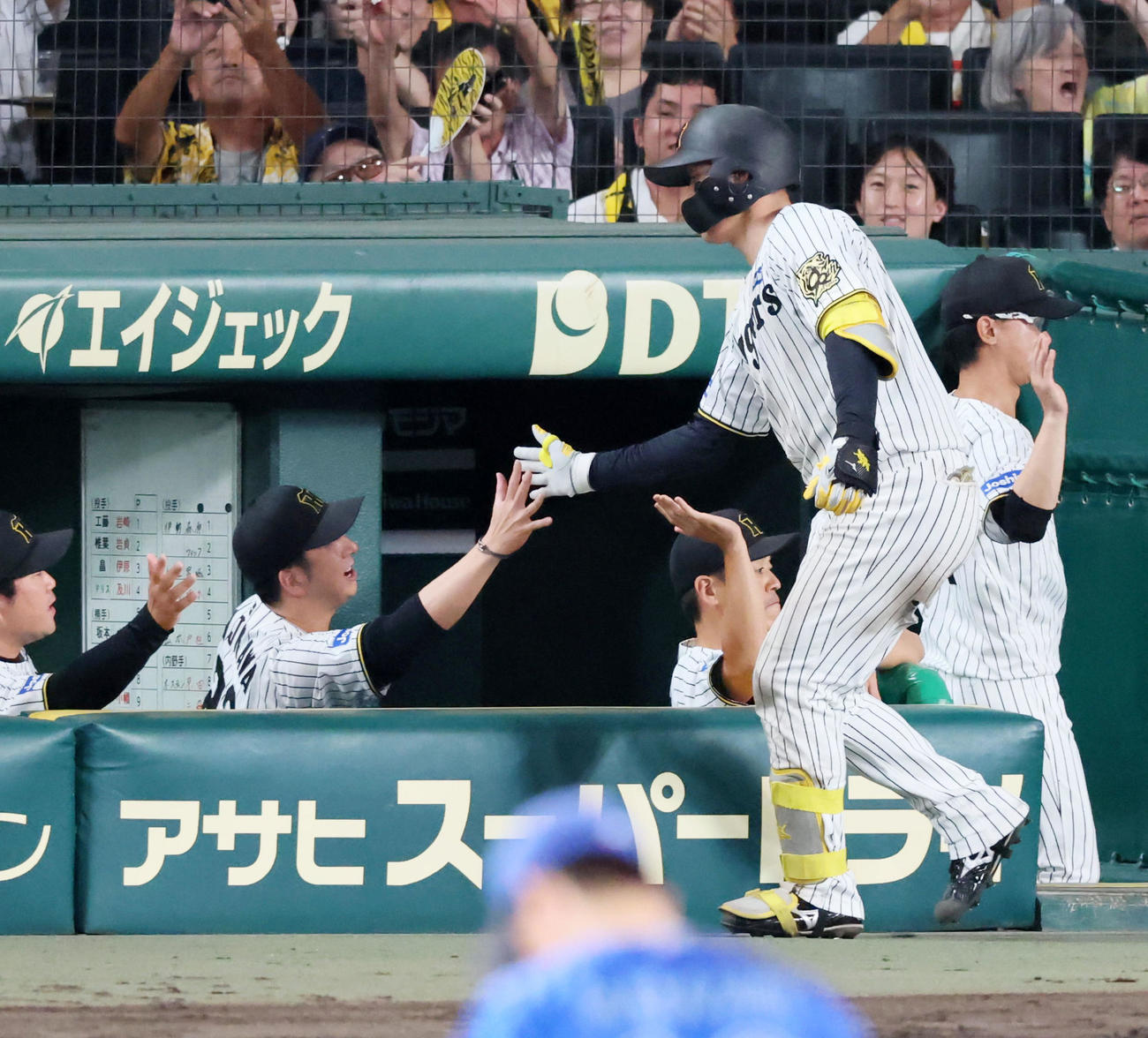 阪神対DeNA 5回裏阪神2死、森下は左越えソロ本塁打を放ちベンチの藤川監督（左）とタッチする（撮影・加藤哉）