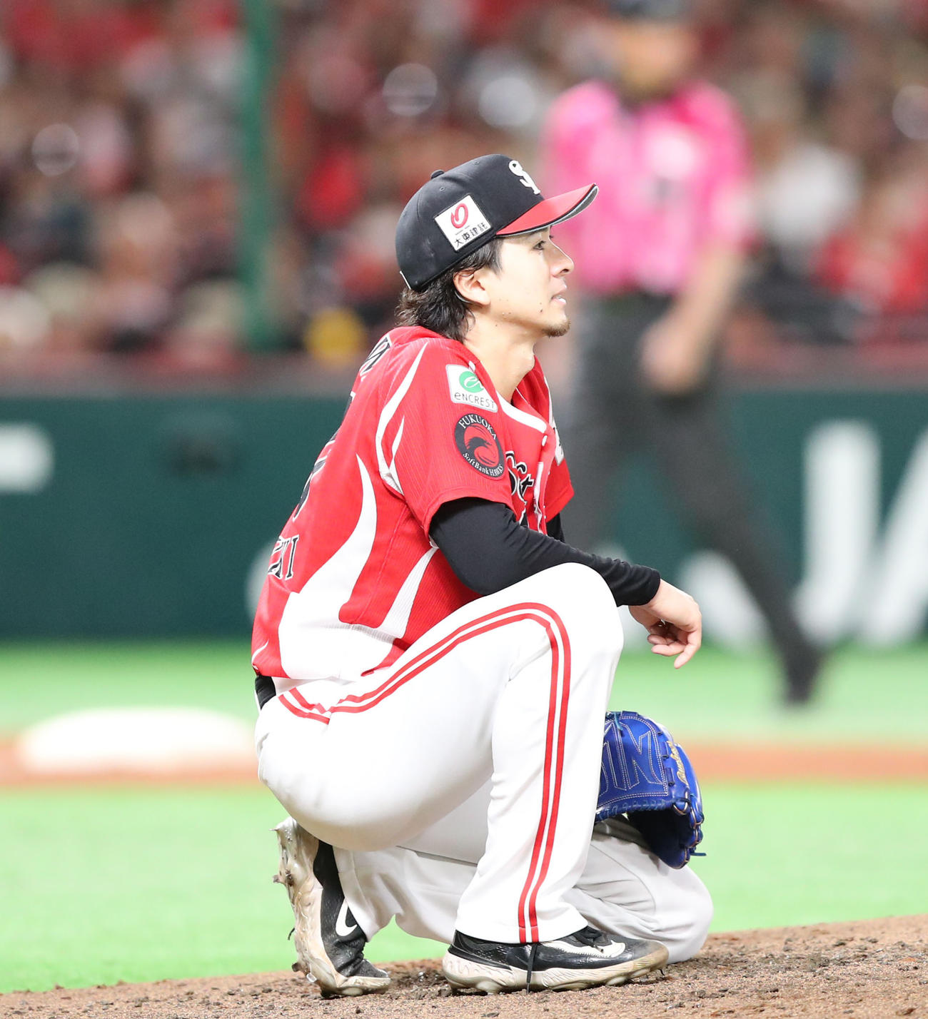 ソフトバンク対オリックス　4回表オリックス1死一、二塁、若月に逆転となる右越え3点本塁打を浴びた上沢（撮影・梅根麻紀）