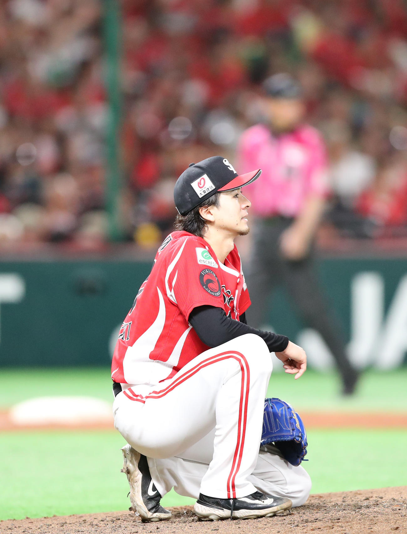 ソフトバンク対オリックス　4回表オリックス1死一、二塁、若月に逆転となる右越え3点本塁打を浴びた上沢（撮影・梅根麻紀）