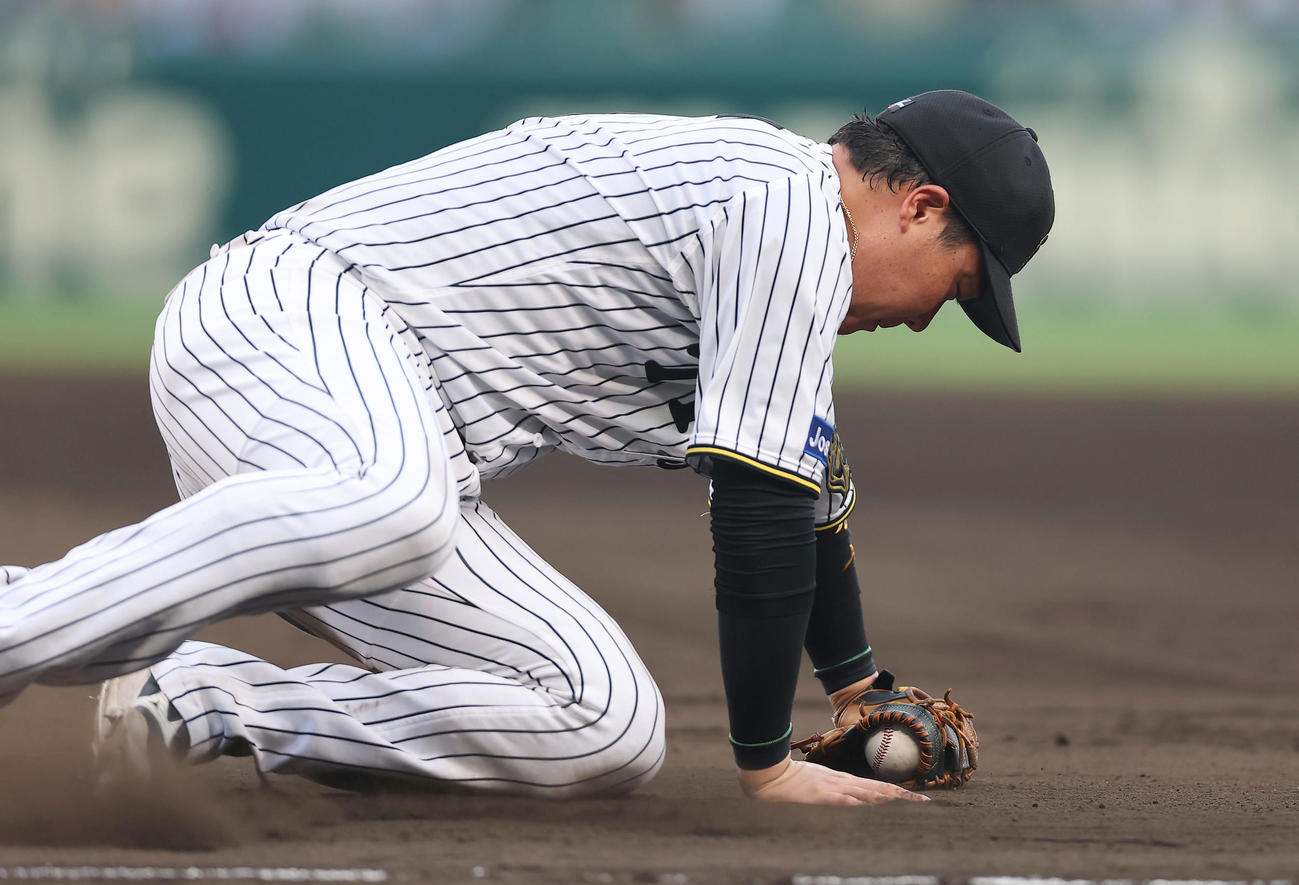 阪神対DeNA 9回表DeNA無死、石上の打球で好守を見せる一塁手大山（撮影・前田充）