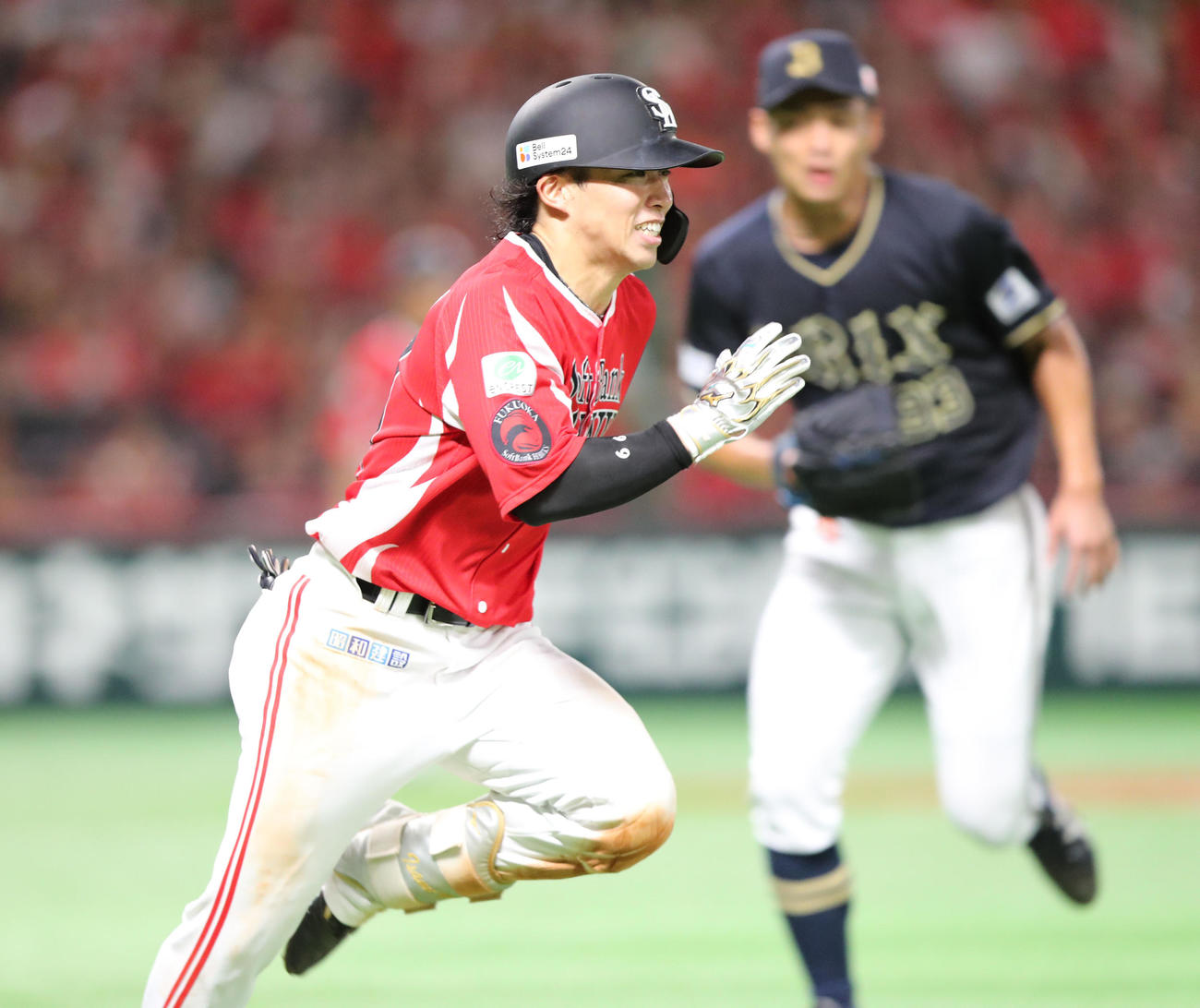ソフトバンク対オリックス　4回裏ソフトバンク1死一、三塁、野村は三併殺打に終わる（撮影・梅根麻紀）