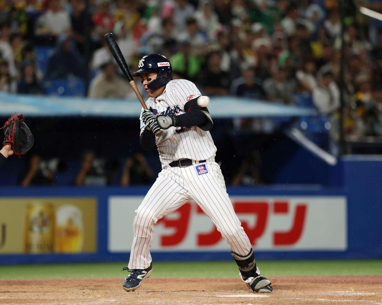 ヤクルト対阪神　5回裏ヤクルト2死満塁、死球をくらう北村恵（撮影・増田悦実）