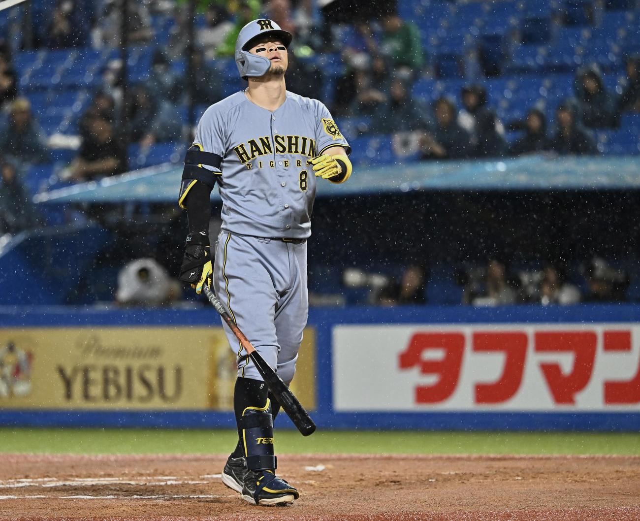 ヤクルト対阪神　6回表阪神1死一塁、空振り三振に倒れた佐藤輝（撮影・滝沢徹郎）