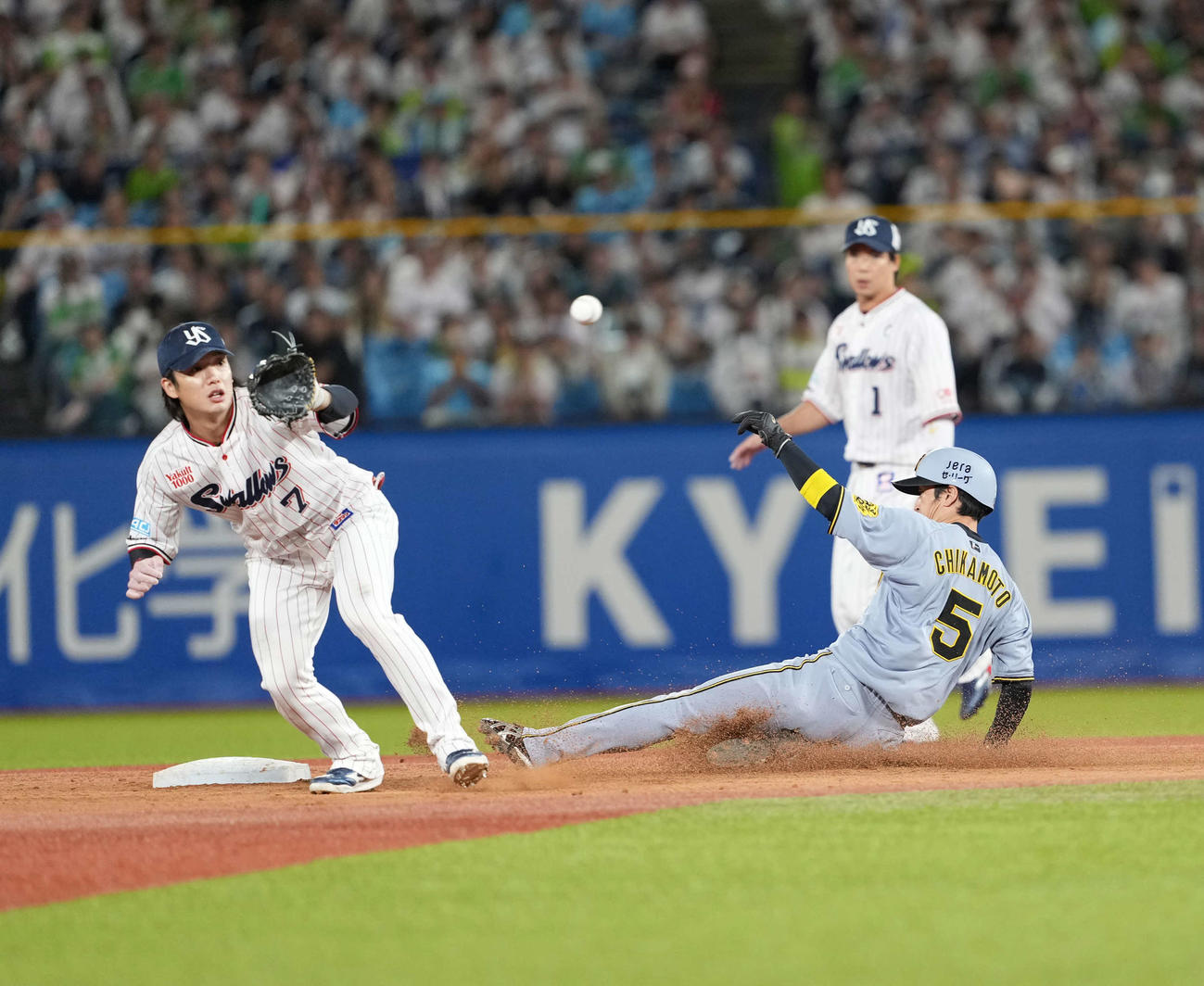 ヤクルト対阪神　7回表阪神2死一、三塁、通算200盗塁となる二塁盗塁を決める近本（撮影・井上学）