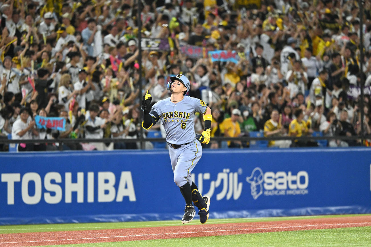 ヤクルト対阪神　2回表阪神無死、佐藤輝は先制ソロ本塁打を放ち天を指さす（撮影・滝沢徹郎）