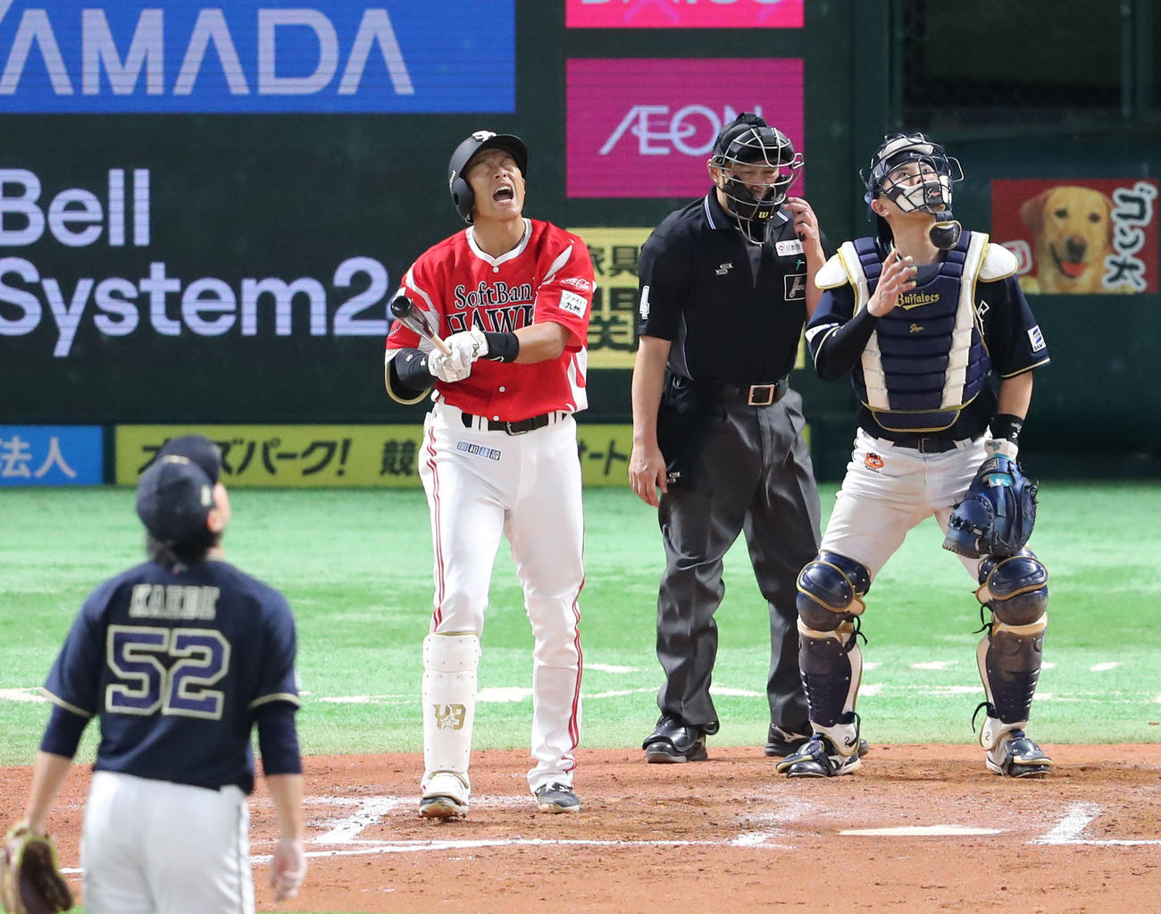 ソフトバンク対オリックス　7回裏ソフトバンク2死一、二塁、柳田は遊飛に終わる（撮影・梅根麻紀）