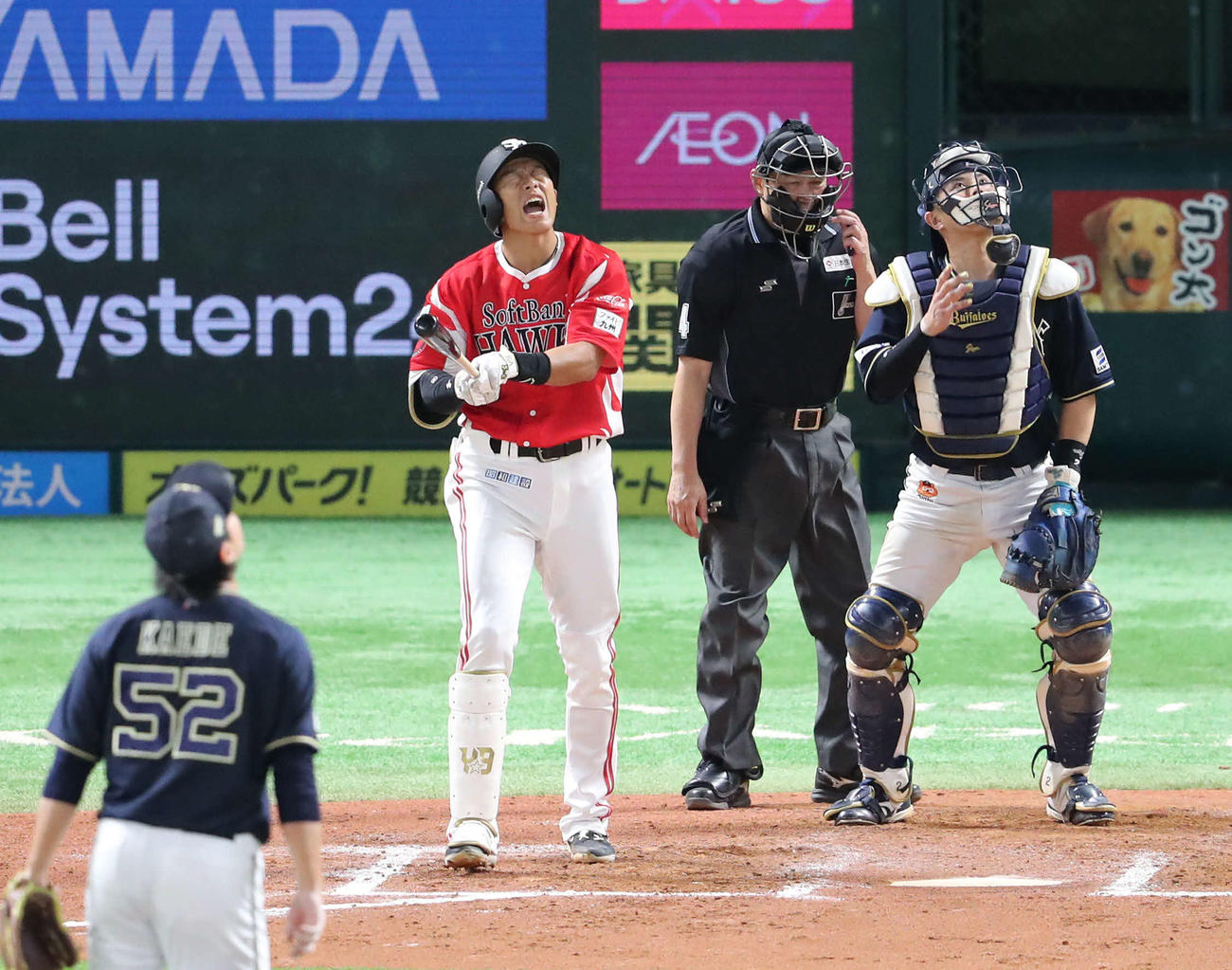 ソフトバンク対オリックス　7回裏ソフトバンク2死一、二塁、柳田は遊飛に終わる（撮影・梅根麻紀）