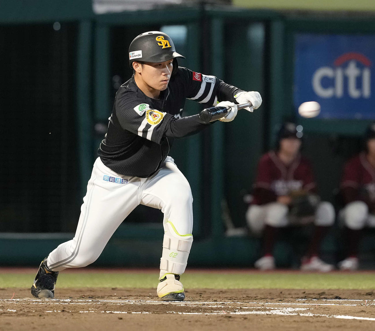 楽天対ソフトバンク　2回表ソフトバンク無死二塁、バントを決める海野（撮影・たえ見朱実）