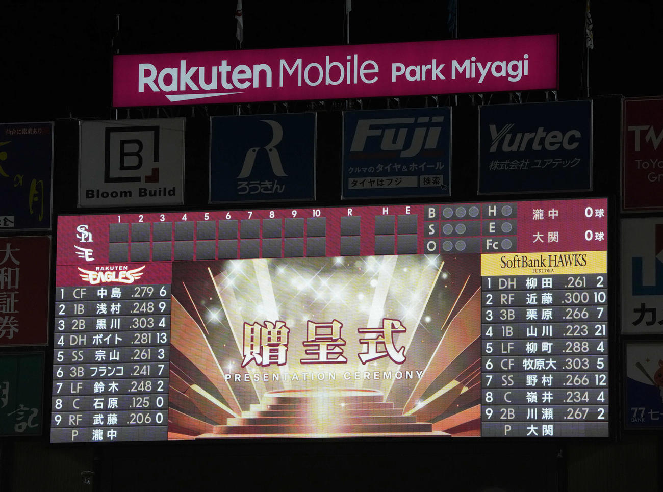 楽天対ソフトバンク　両チームの先発メンバー（撮影・たえ見朱実）