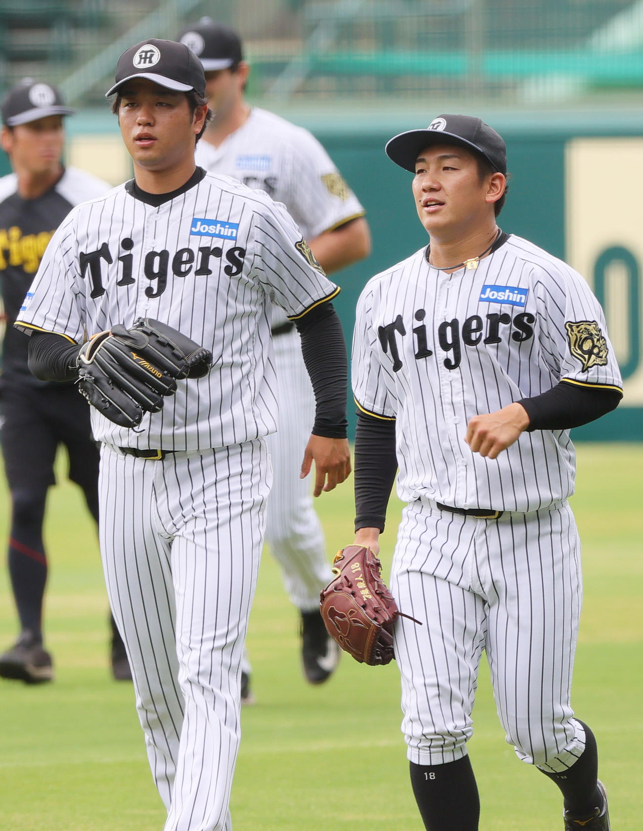投内連係の練習に向かう阪神高橋（左）と伊原（撮影・上山淳一）