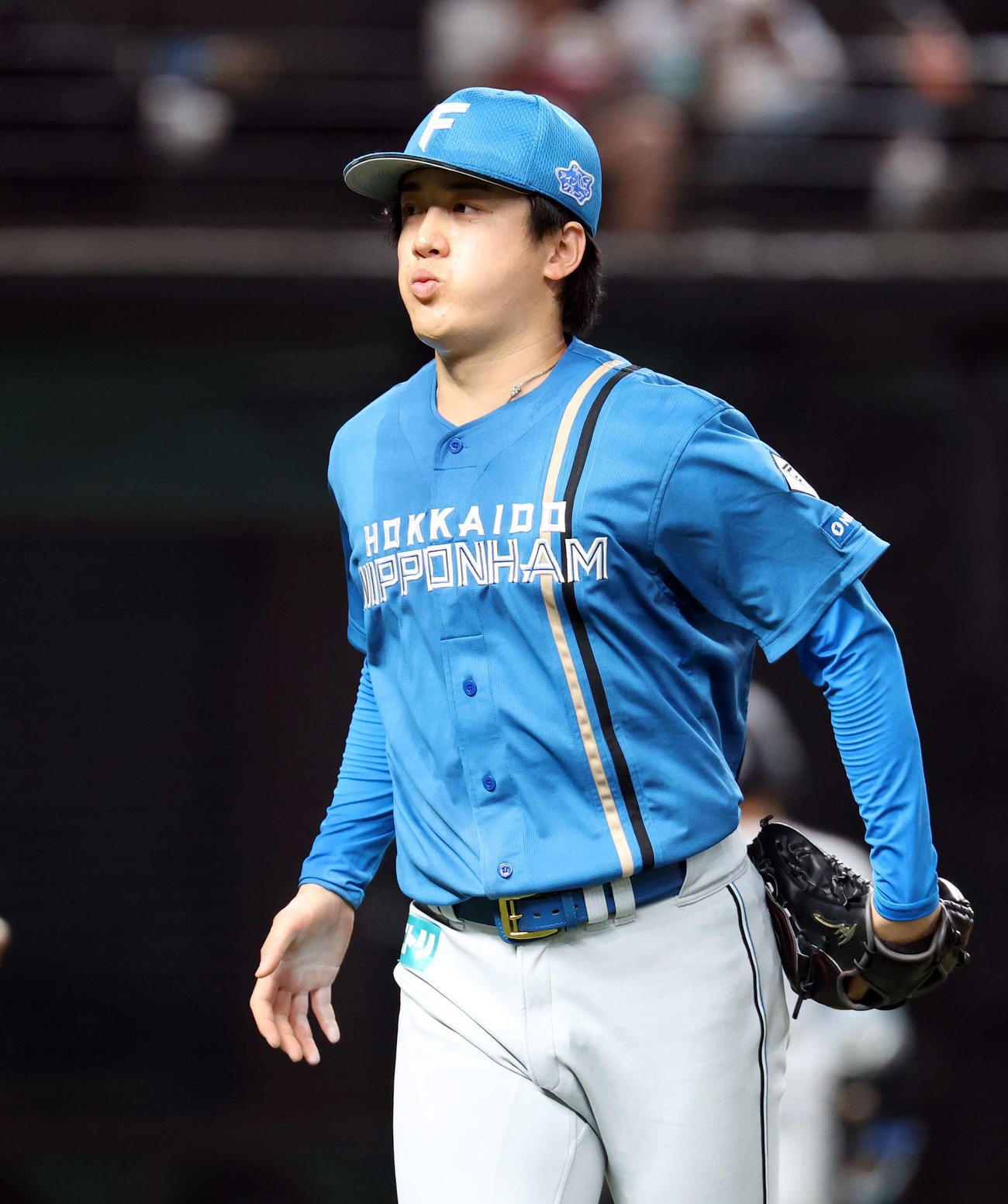 西武対日本ハム　5回裏西武の攻撃を抑えた北山はほおを膨らませる（撮影・浅見桂子）