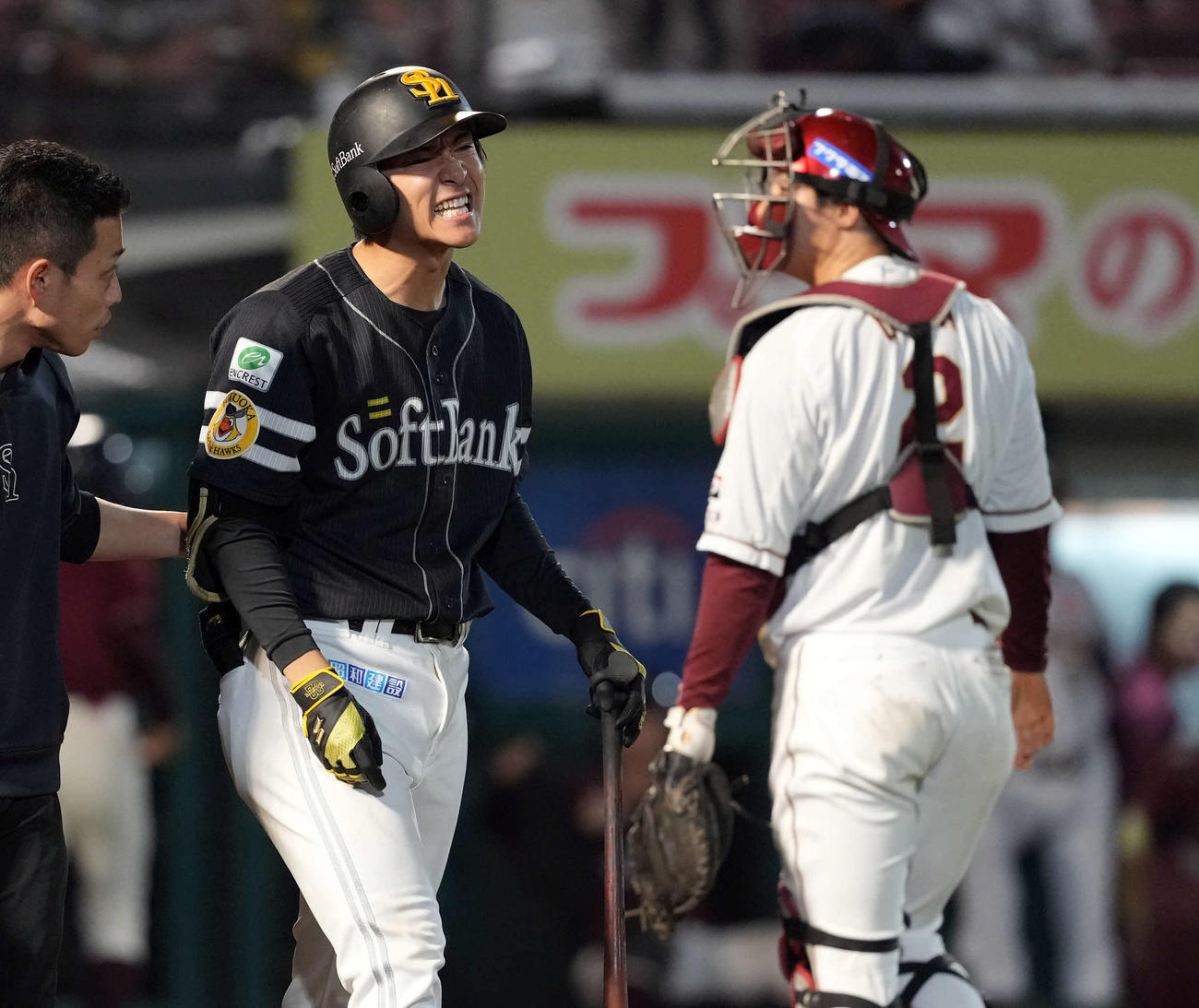 楽天対ソフトバンク　9回表ソフトバンク1死一、三塁、死球を受け痛そうな表情を見せる柳町（撮影・たえ見朱実）