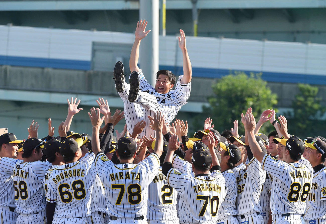 19年9月、引退セレモニーで1軍2軍両ナインから胴上げされる阪神横田