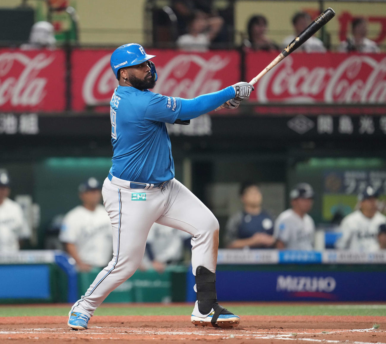 西武対日本ハム　5回表日本ハム無死一、三塁、犠飛を放つレイエス（撮影・井上学）