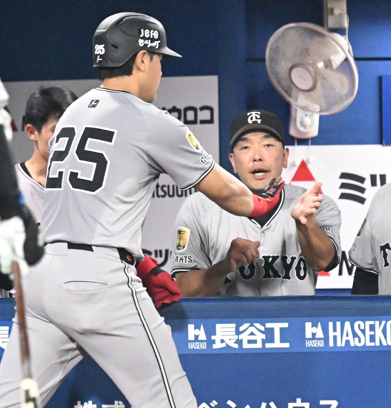 DeNA対巨人　5回表巨人無死一塁、同点となる2点本塁打を放った岡本を迎える阿部（撮影・千葉一成）