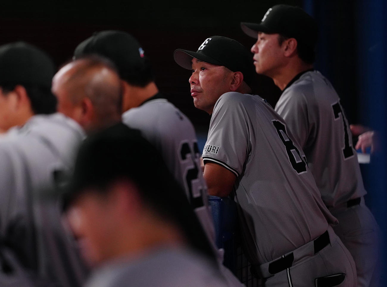 DeNA対巨人　ベンチから試合を見守る巨人阿部監督（中央）（撮影・鈴木みどり）