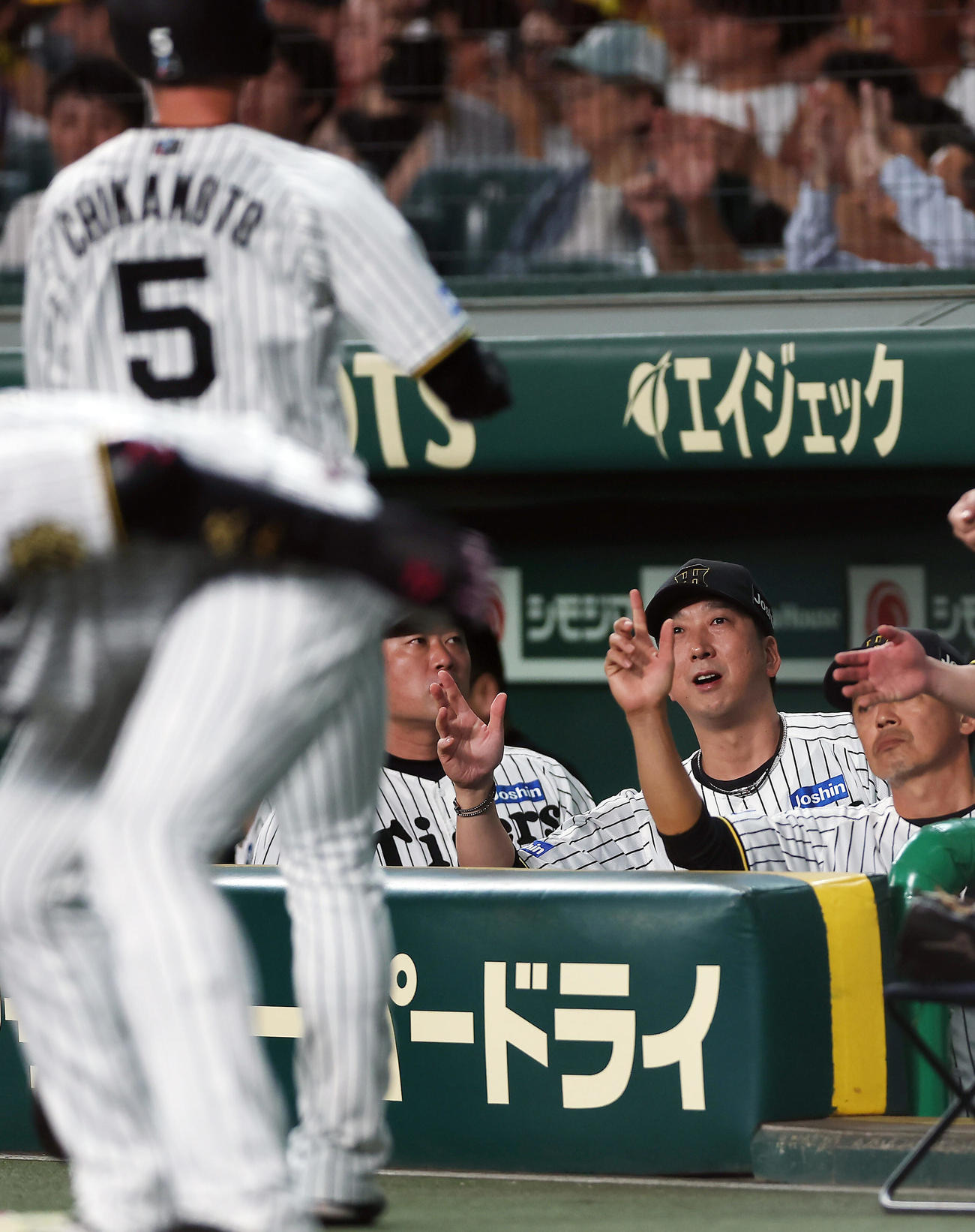 阪神対中日　1回裏阪神2死二塁、佐藤輝明の適時打で生還した近本光司（左）を迎える藤川球児監督（右）ら（撮影・前田充）