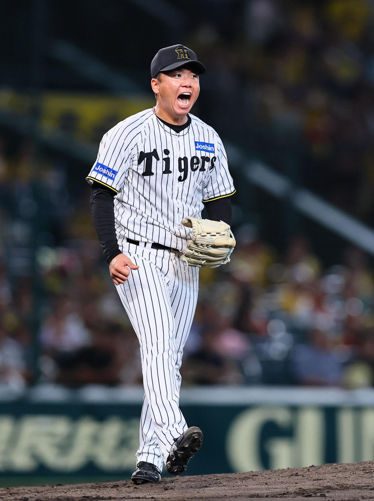 阪神対中日　3回表中日2死一塁、細川成也を三振に仕留め、ほえる村上（撮影・藤尾明華）