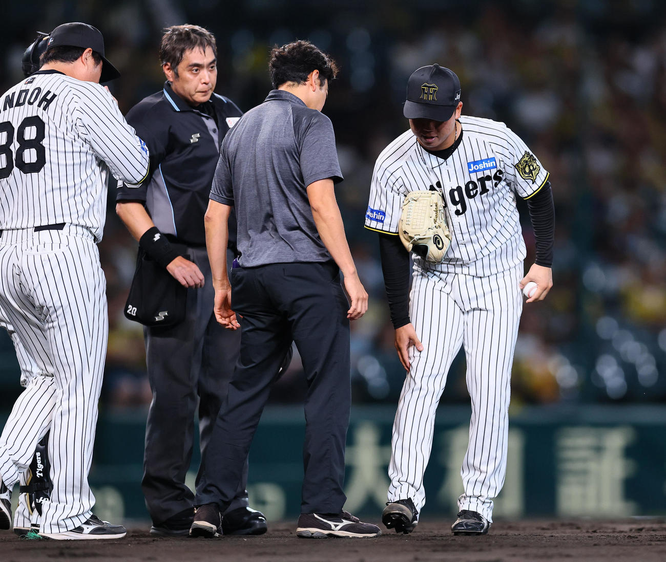 阪神対中日　3回表中日2死、岡林の打球を右足に受ける村上（撮影・藤尾明華）