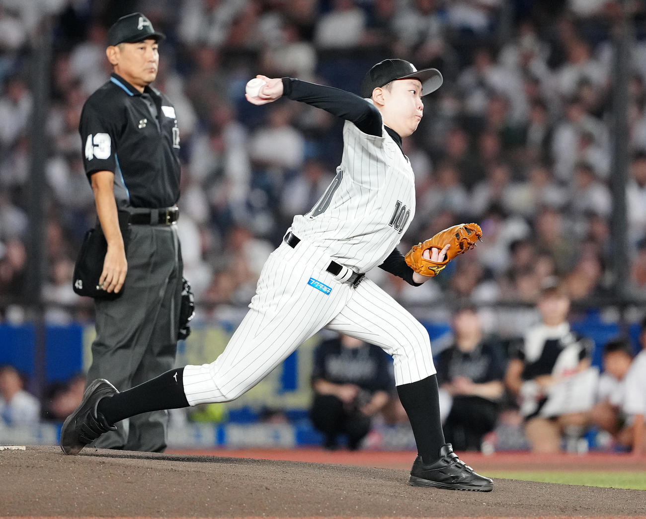ロッテ対日本ハム　始球式で投球する宇野沢優翔さん（撮影・鈴木みどり）