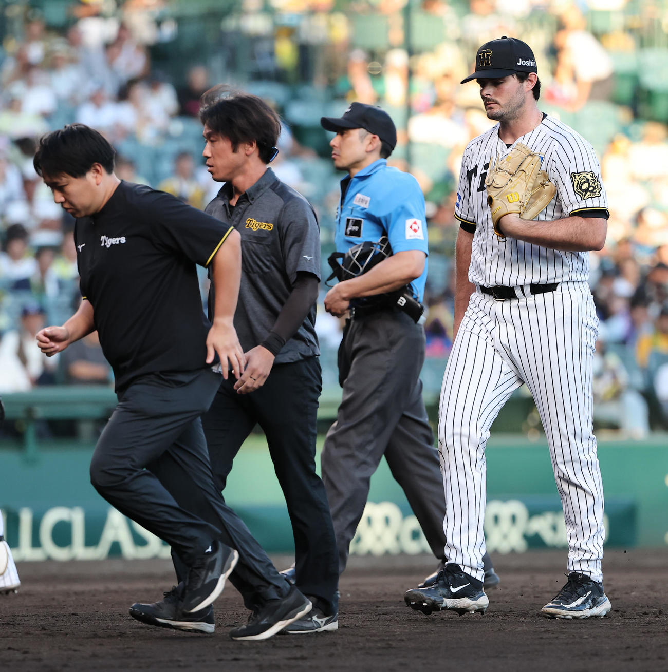 27日の中日戦で緊急降板する阪神2番手のハートウィグ