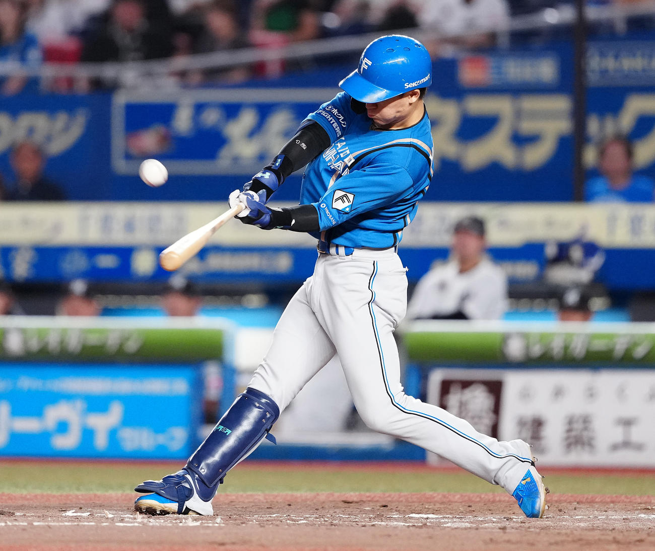 ロッテ対日本ハム　4回表日本ハム1死一、三塁、右犠飛を放つ矢沢（撮影・鈴木みどり）
