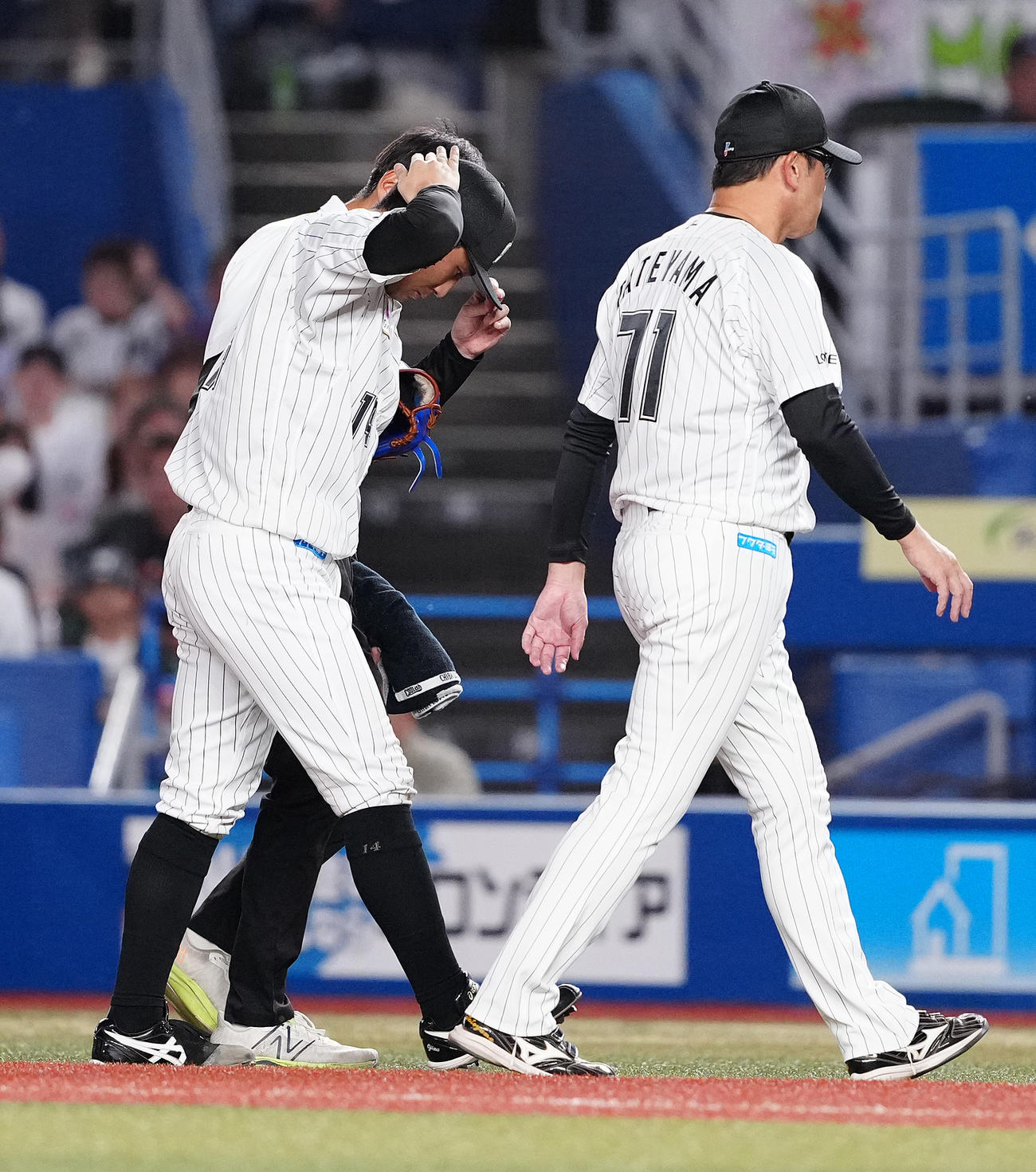 ロッテ対日本ハム　4回表日本ハム1死三塁、山県の打球を処理した際に負傷し、1度ベンチへ下がる小島（撮影・鈴木みどり）