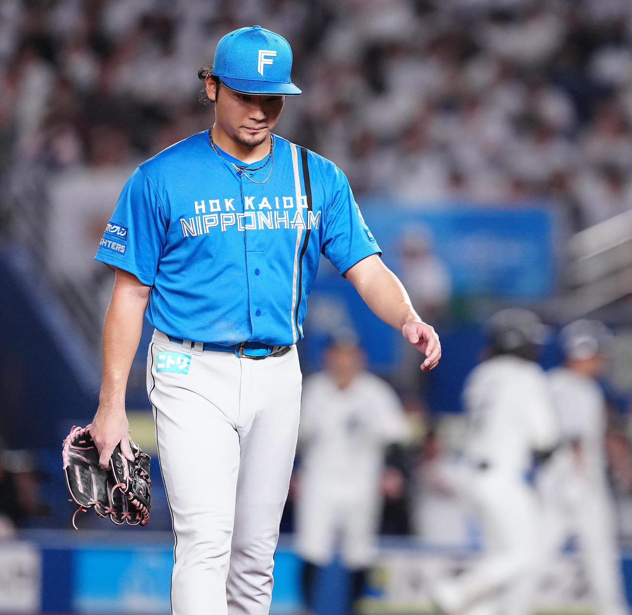 ロッテ対日本ハム　4回裏を終え、うつむきながらベンチへ戻る日本ハム伊藤（撮影・鈴木みどり）