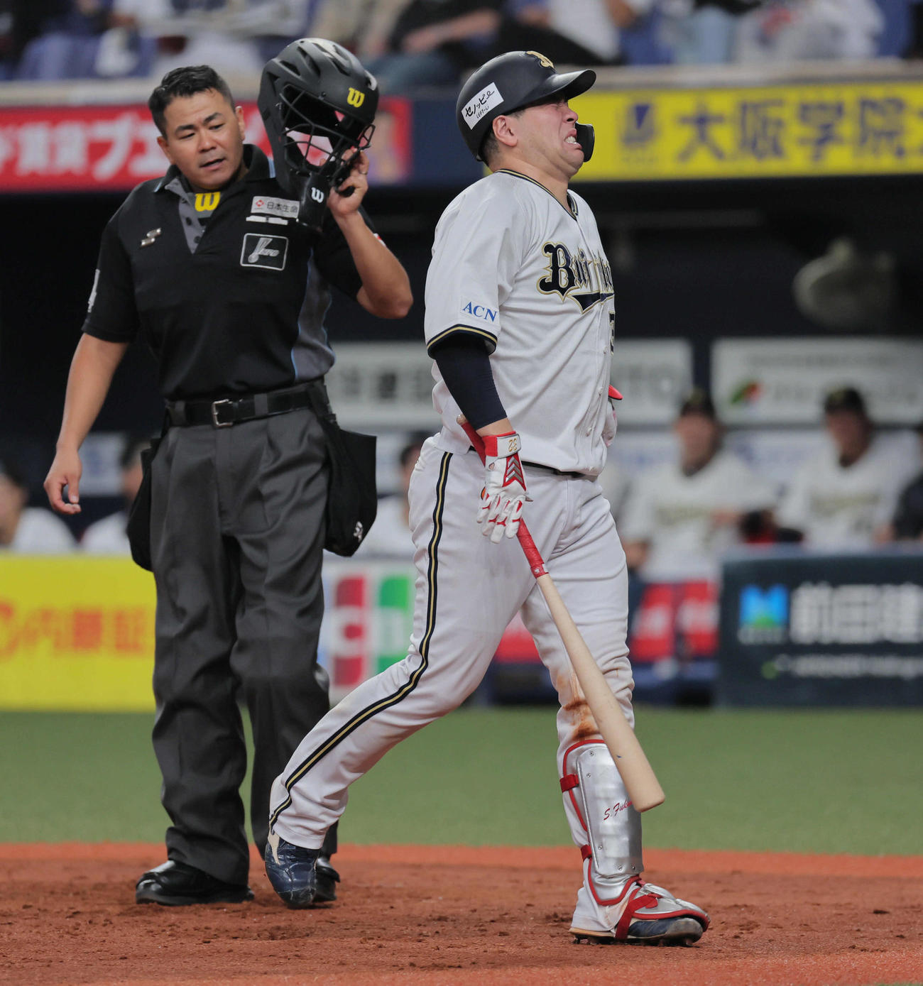 オリックス対楽天　5回裏オリックス無死、福永は死球を受けて痛がる（撮影・宮崎幸一）