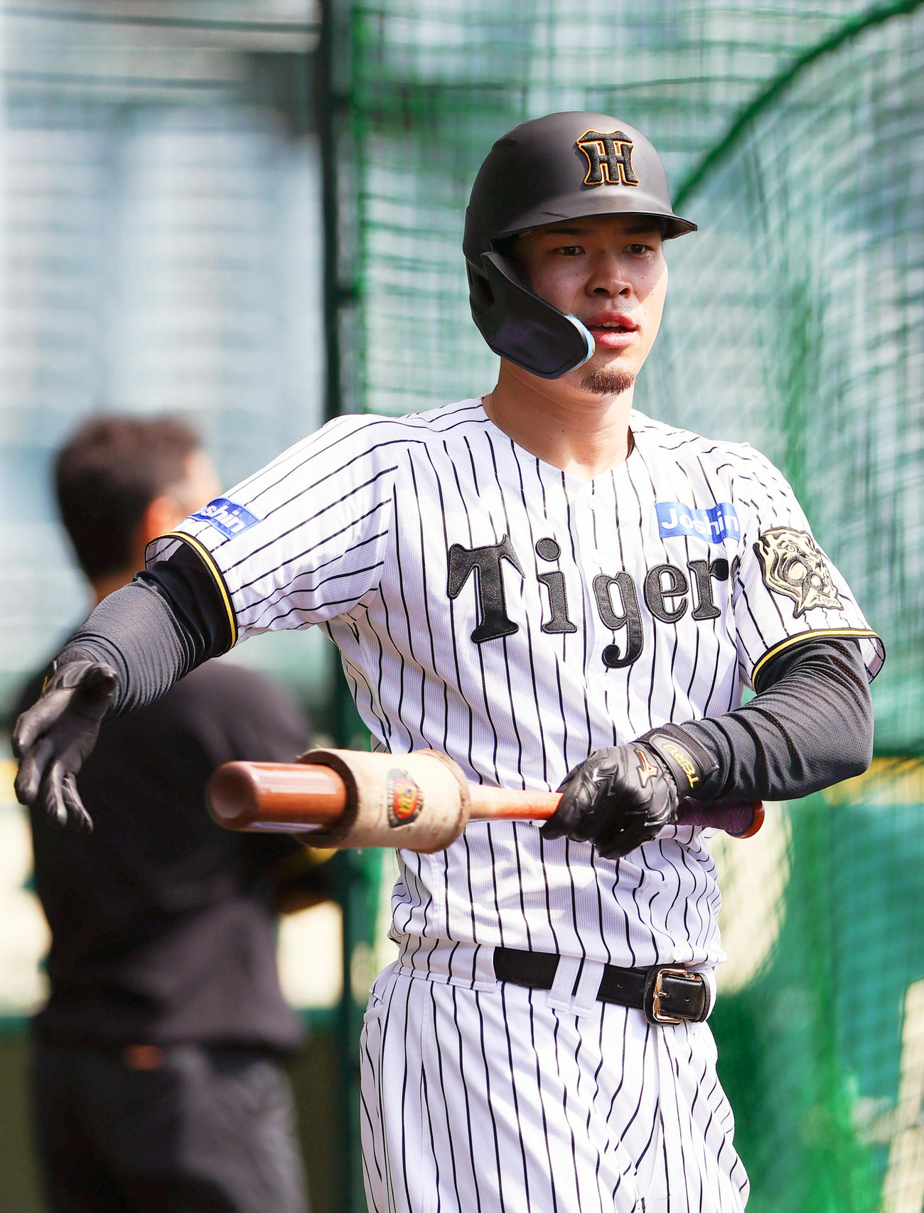 練習に励む阪神佐藤輝（撮影・上山淳一）