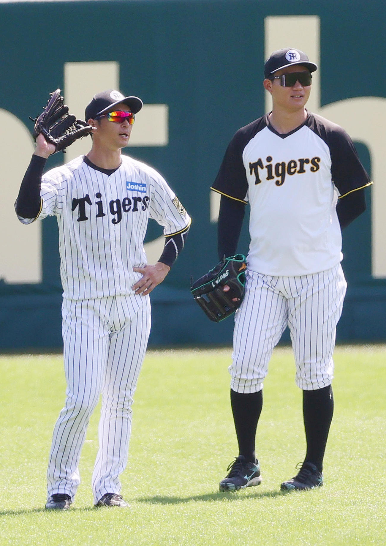 外野でノックを受ける阪神近本（左）と森下翔太（撮影・上山淳一）