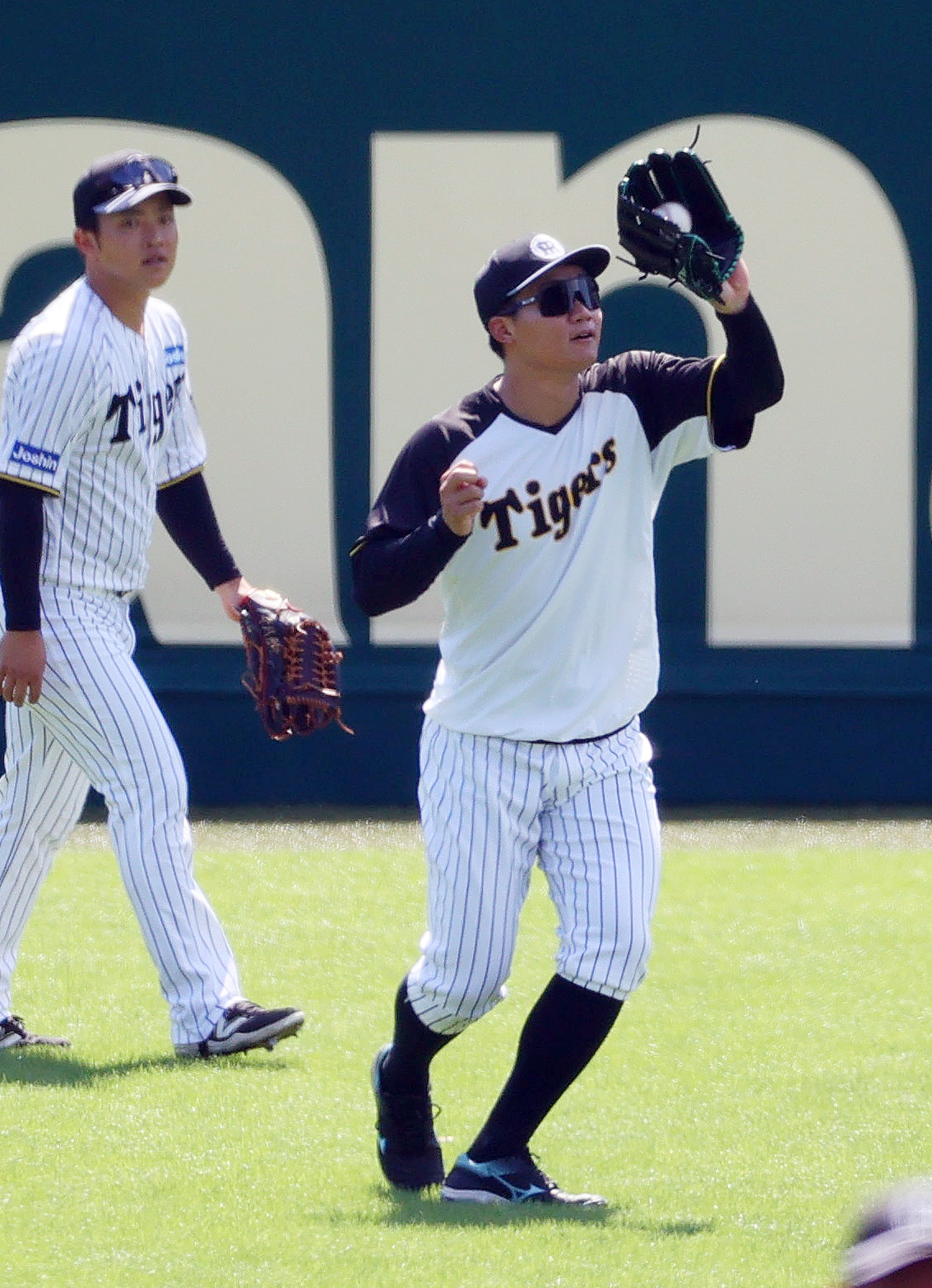 外野ノックを受ける阪神森下（右）（撮影・上山淳一）
