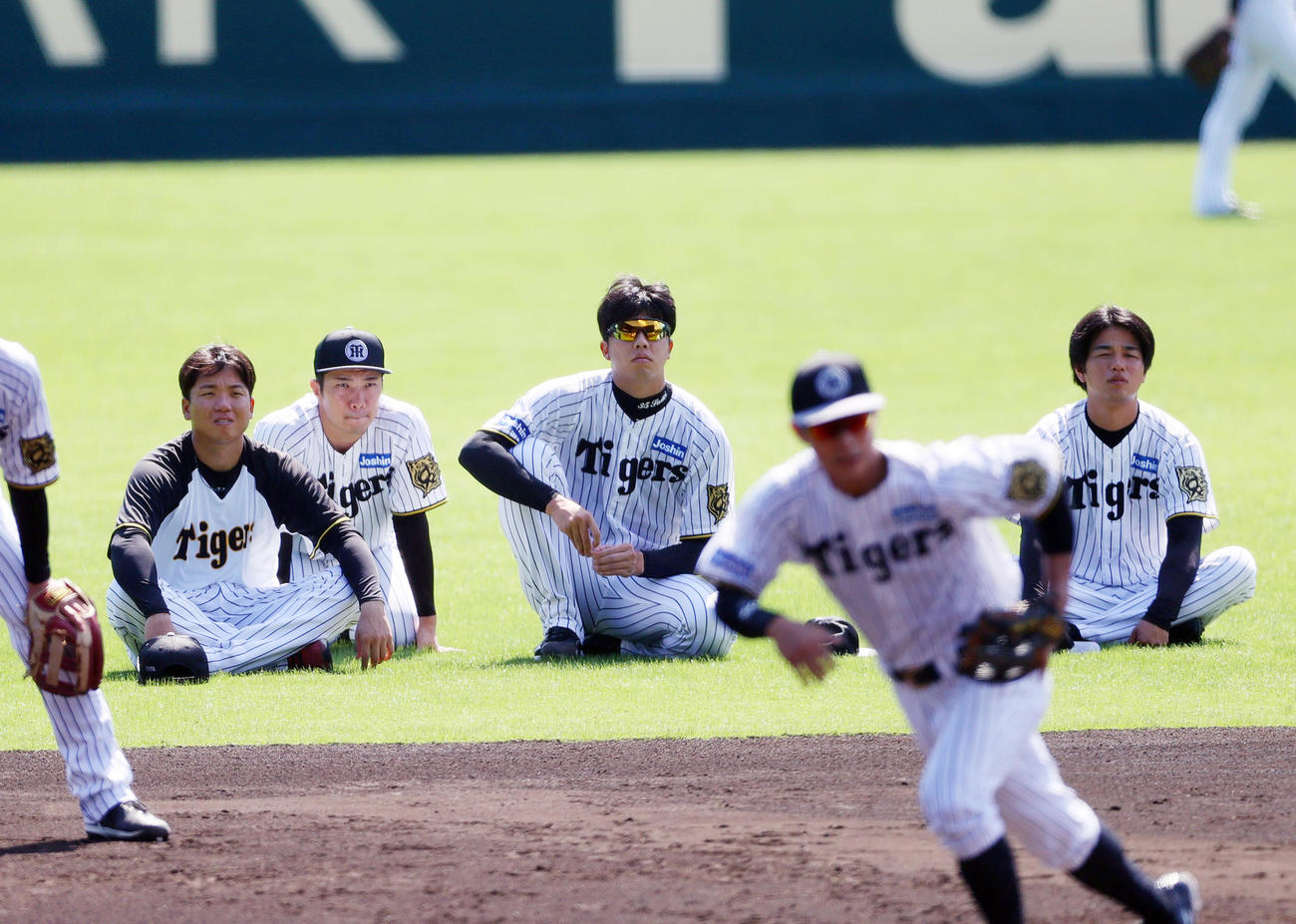 投内連係を外野で見守る、左から村上、石井、才木、高橋（撮影・上山淳一）