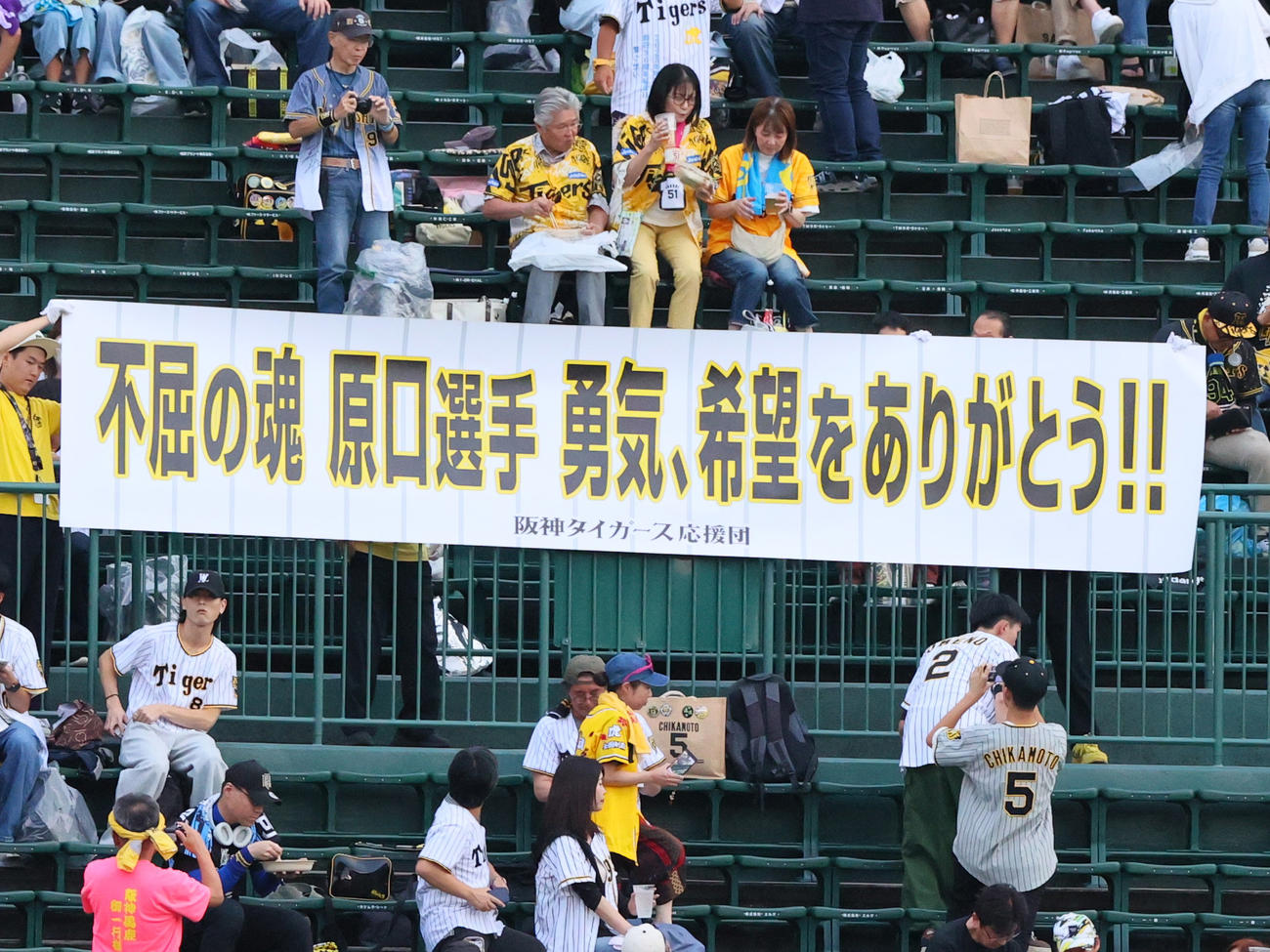 阪神対ヤクルト　今シーズン限りで引退する阪神原口をねぎらう横断幕が掲げられる（撮影・上山淳一）