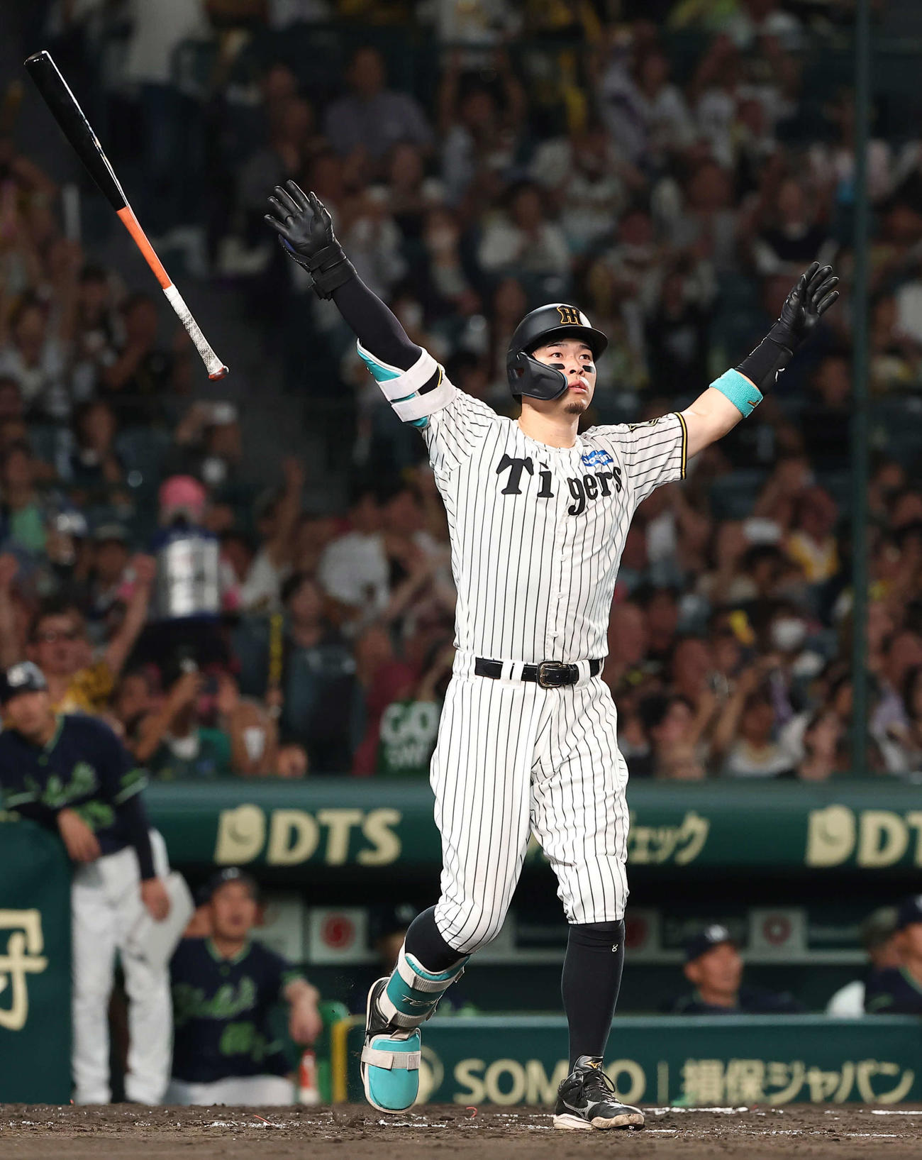阪神対ヤクルト　5回裏阪神1死二塁、佐藤輝は右越えに40号本塁打を放つ（撮影・上田博志）