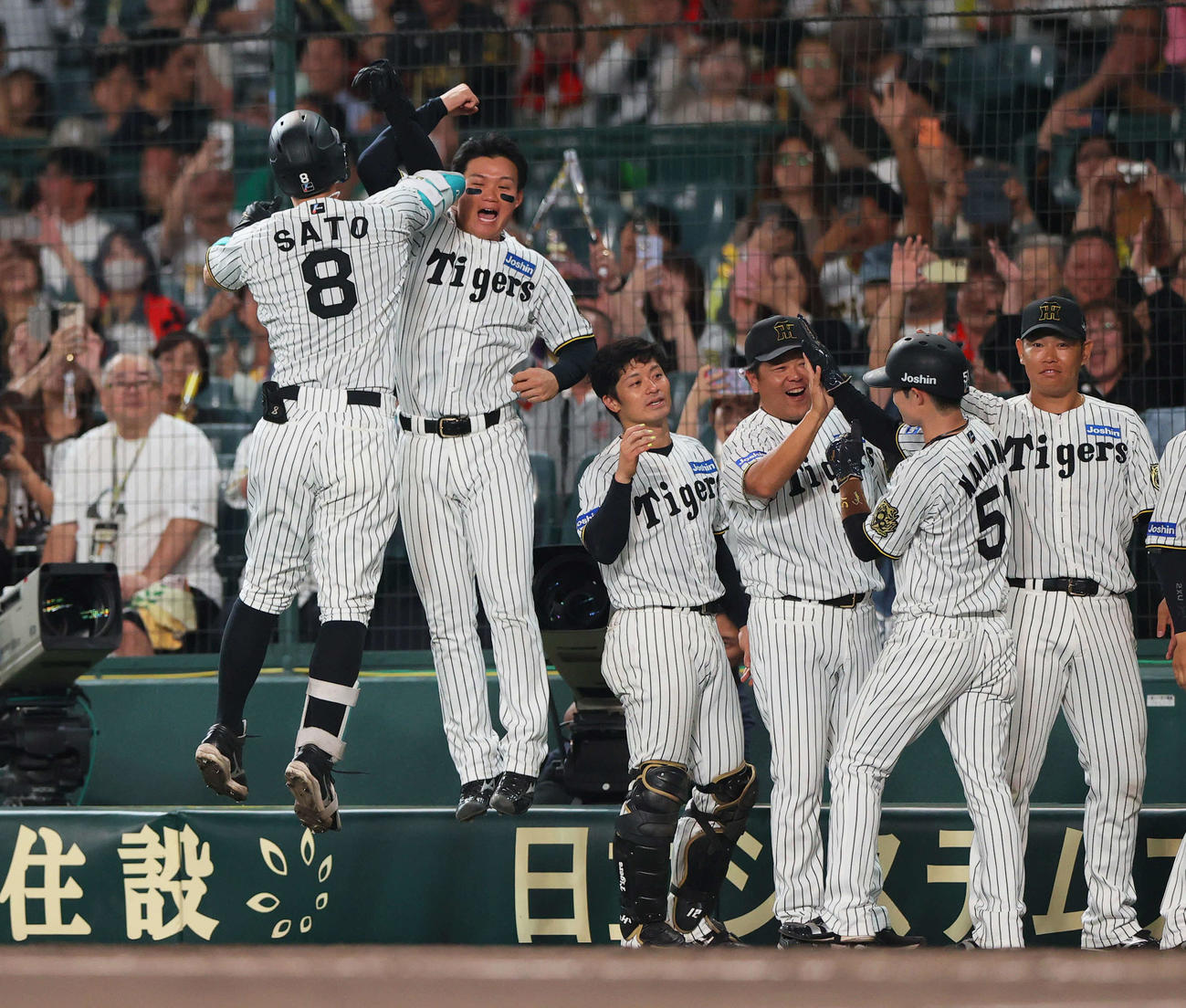阪神対ヤクルト　5回裏阪神1死二塁、佐藤輝（左端）は右越え2点本塁打を放ち森下とエルボータッチする（撮影・上山淳一）