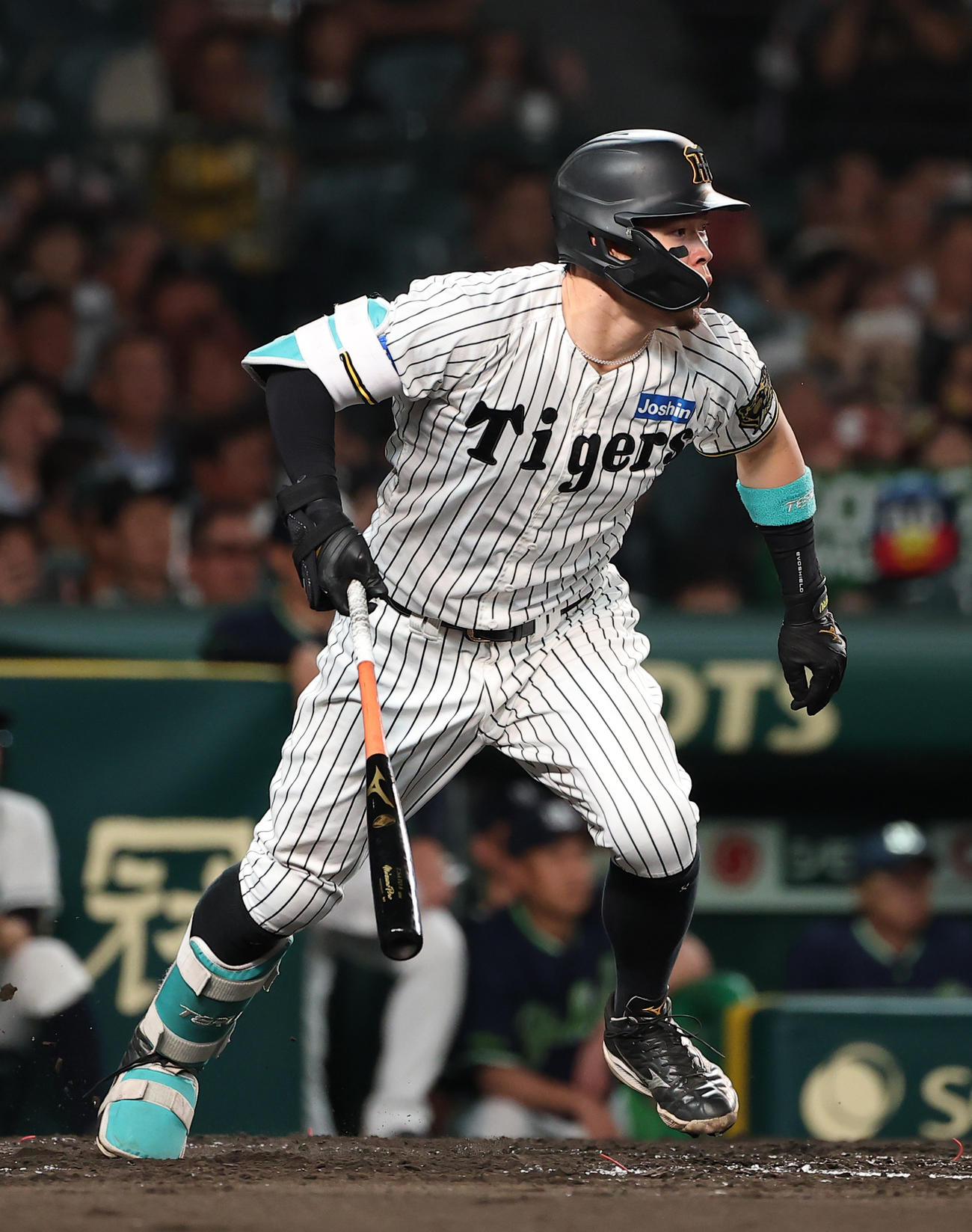阪神対ヤクルト　3回裏阪神2死、佐藤輝は投内野安打を放つ（撮影・上田博志）