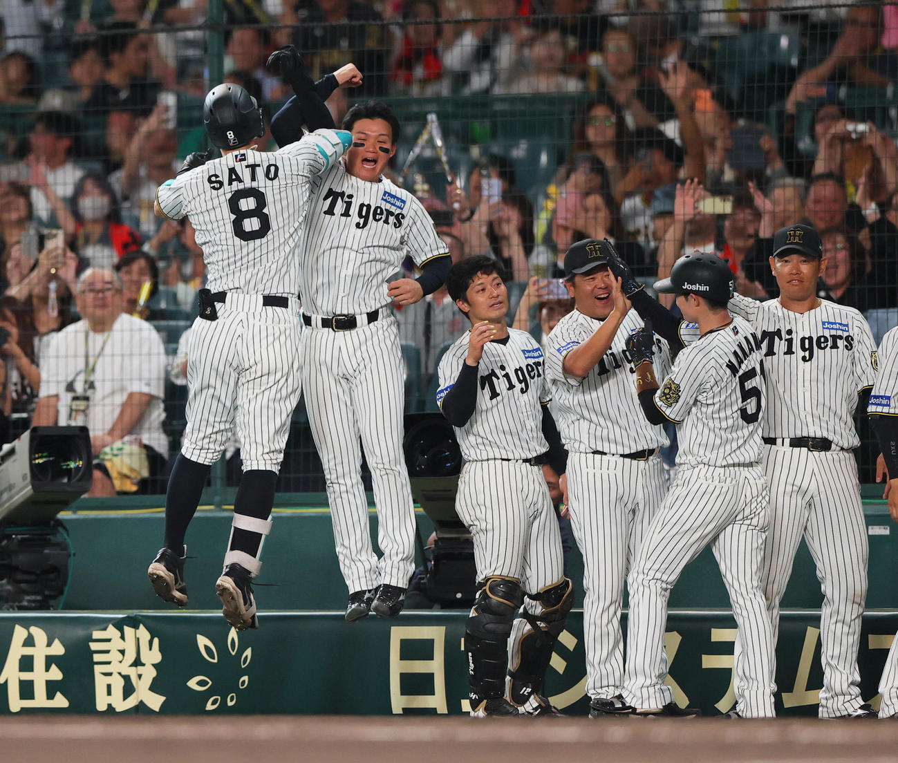 阪神対ヤクルト　5回裏阪神1死二塁、佐藤輝（左端）は右越え2点本塁打を放ち森下とエルボータッチする（撮影・上山淳一）