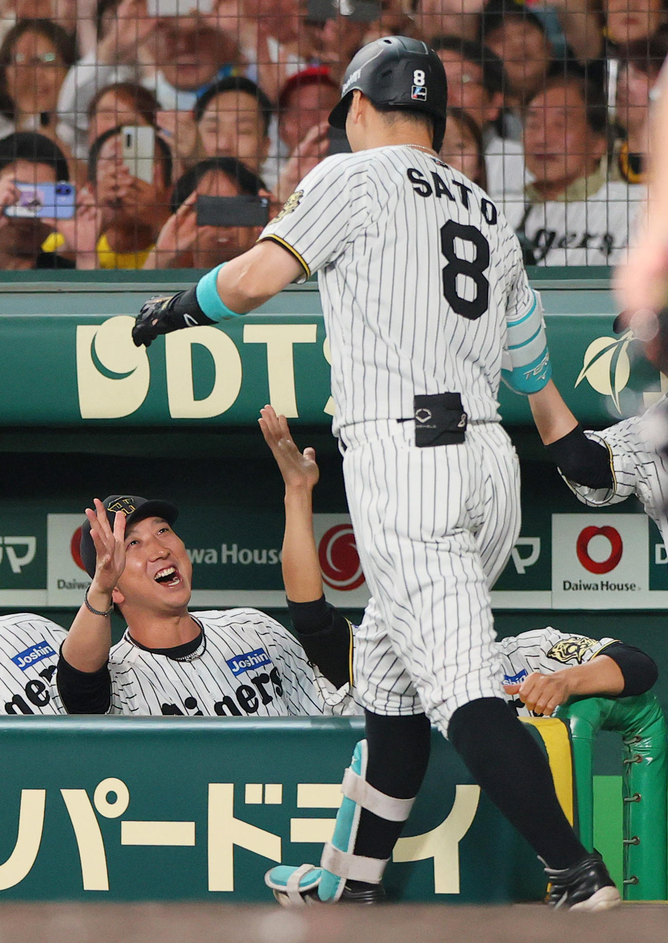 阪神対ヤクルト　5回裏阪神1死二塁、右越え2点本塁打を放った佐藤輝（手前）を出迎える藤川監督（撮影・上山淳一）