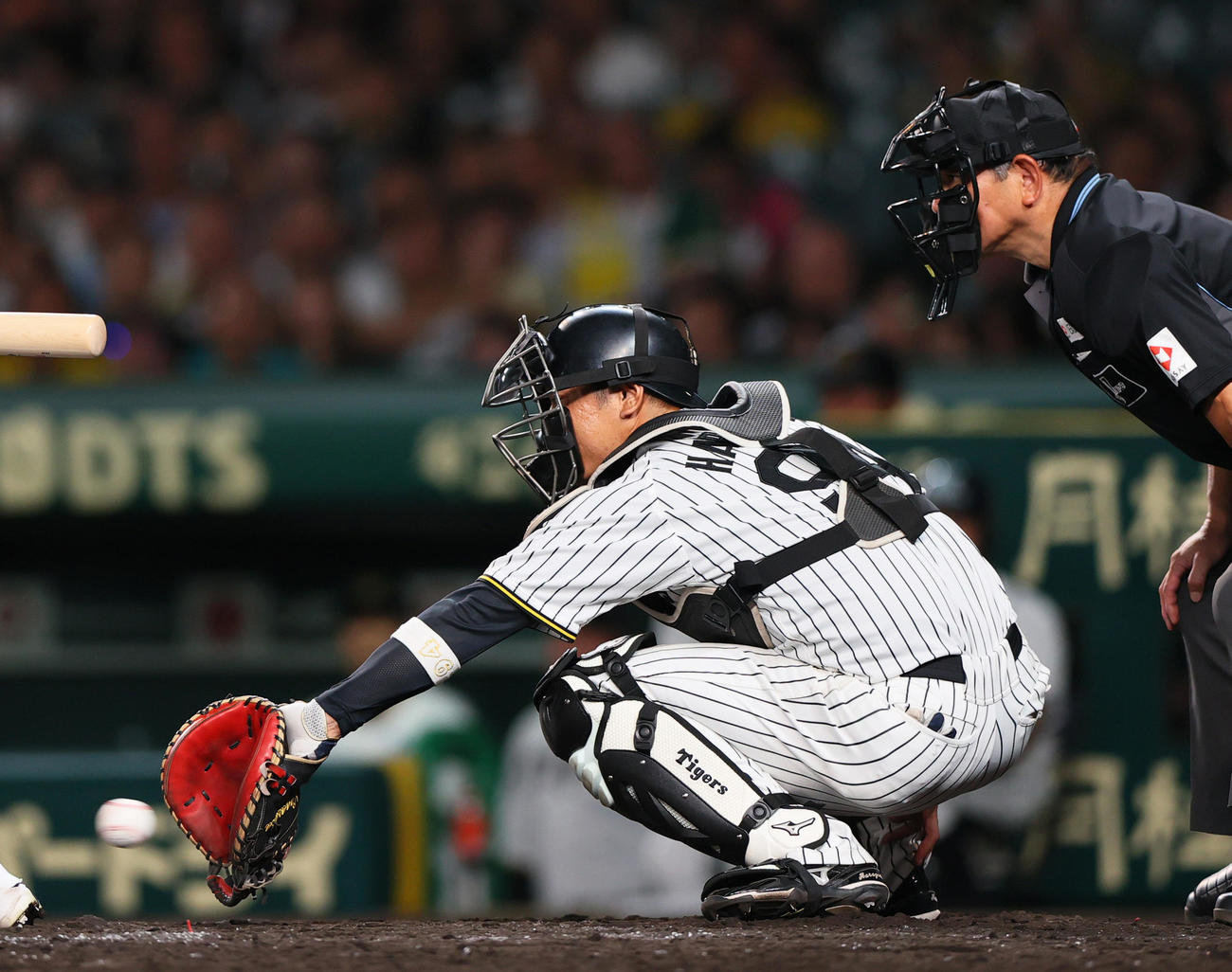 阪神対ヤクルト　9回表、岩貞祐太の投球を受ける捕手原口（撮影・上山淳一）