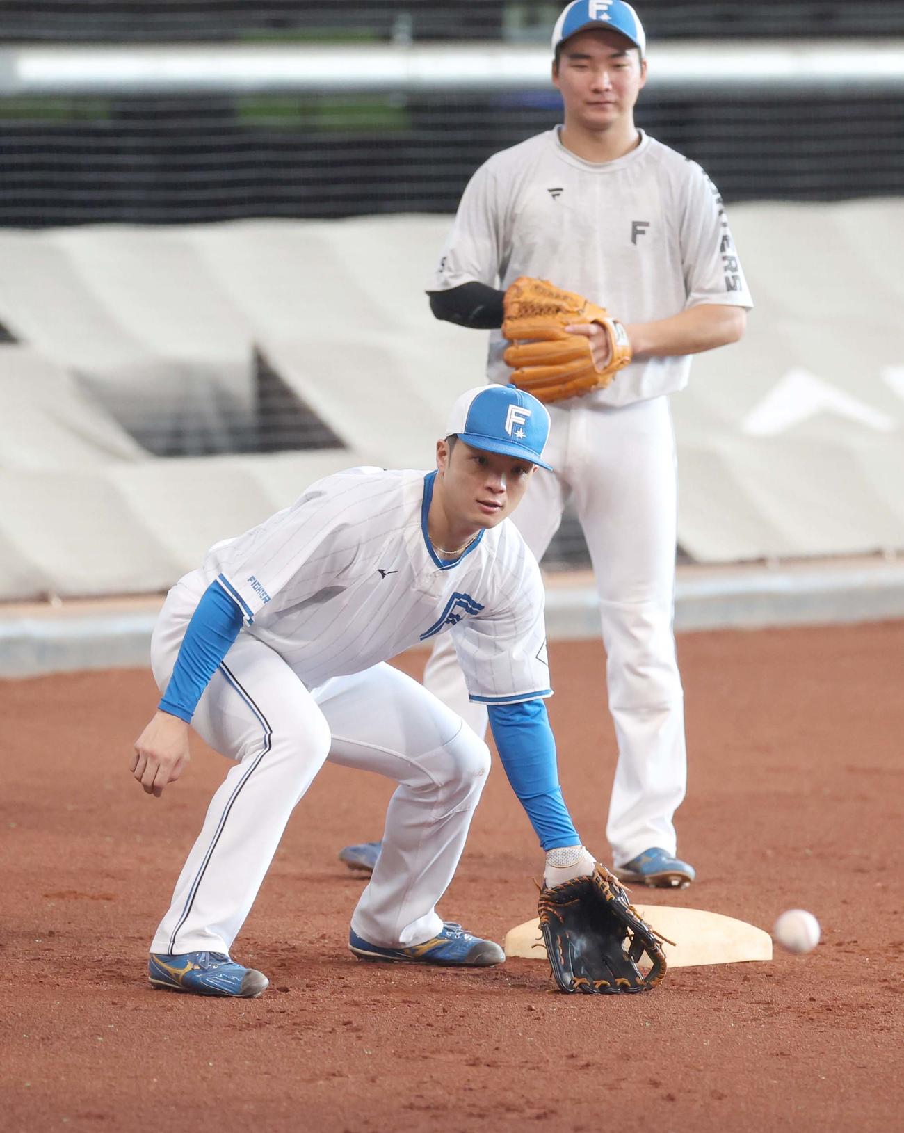 ノックを受ける日本ハム郡司（撮影・黒川智章）