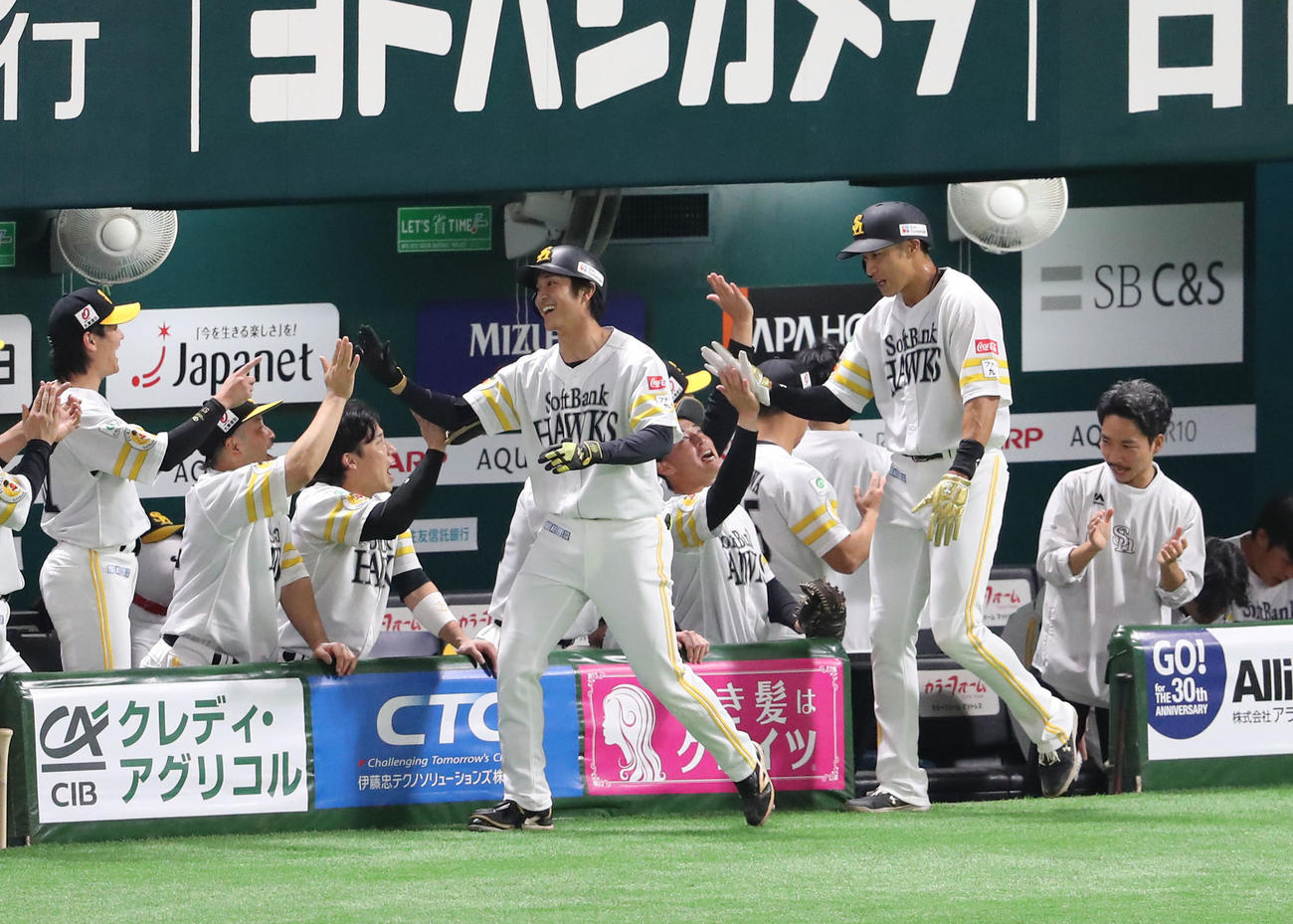 ソフトバンク対オリックス　1回裏ソフトバンク無死一塁、柳町は右越えに先制となる2点本塁打を放ちベンチのナインとハイタッチ（撮影・梅根麻紀）