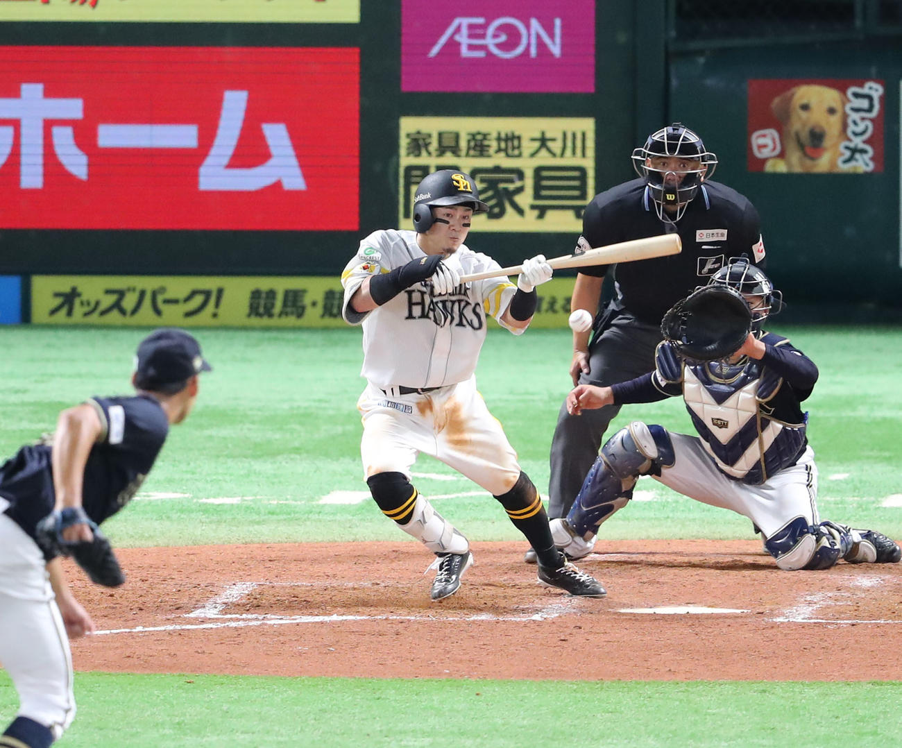 ソフトバンク対オリックス　5回裏ソフトバンク1死一、二塁、牧原大は二内野安打を放つ（撮影・梅根麻紀）